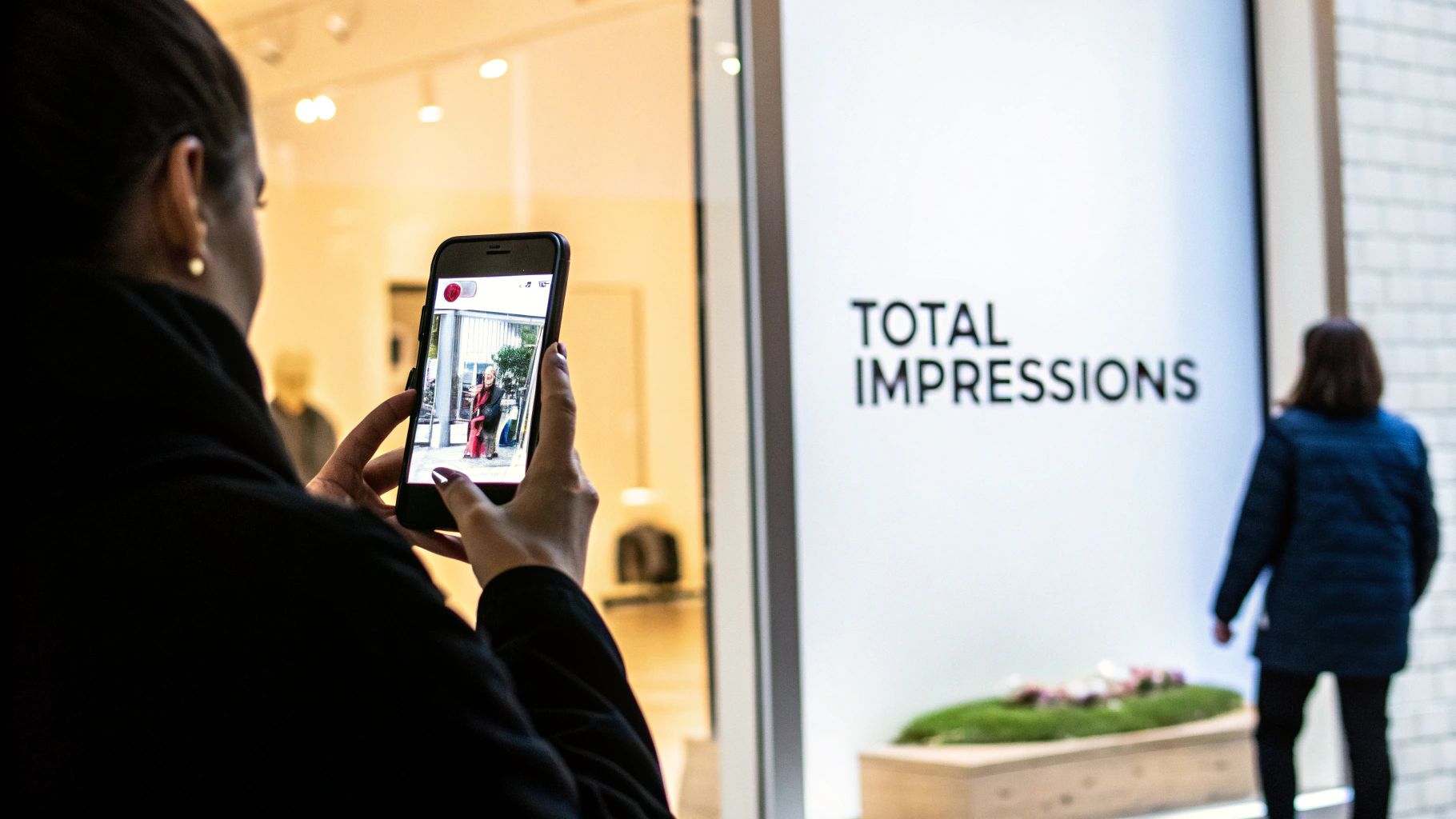 Over-the-shoulder view of a person filming a storefront display showing 'TOTAL IMPRESSIONS' on a smartphone.