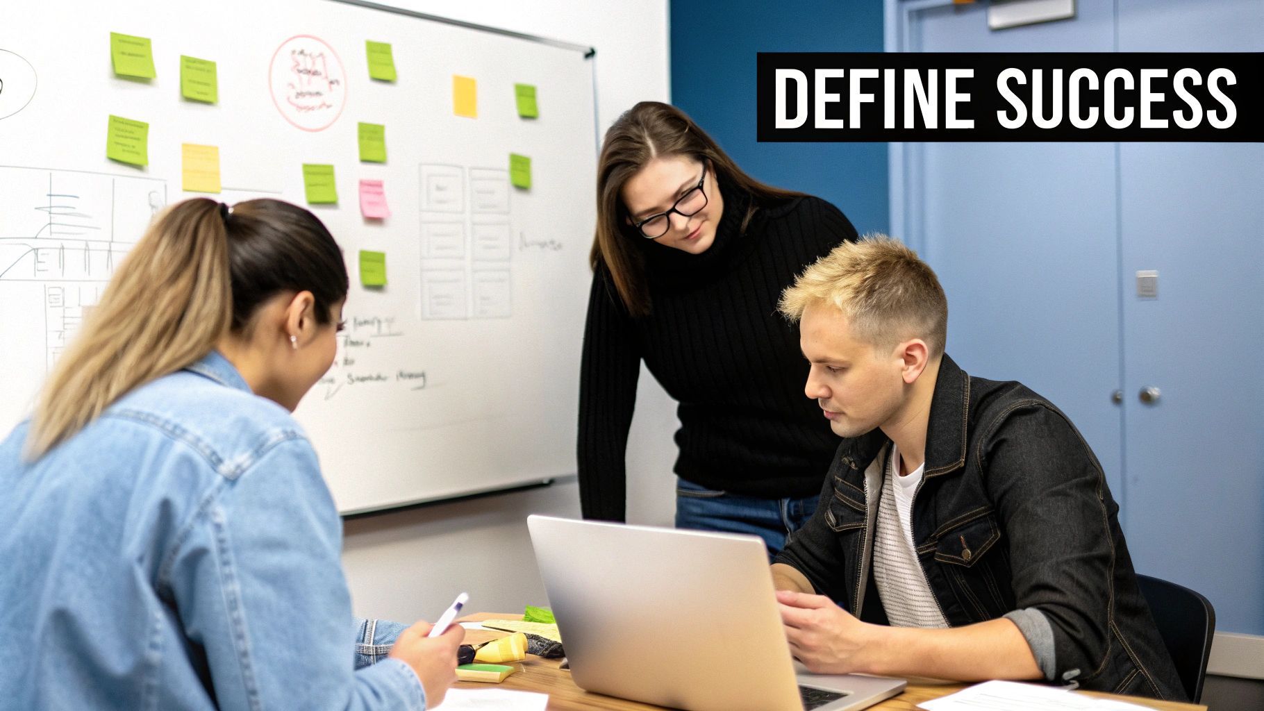 Three colleagues collaborating on a project in an office, using a laptop and whiteboard.