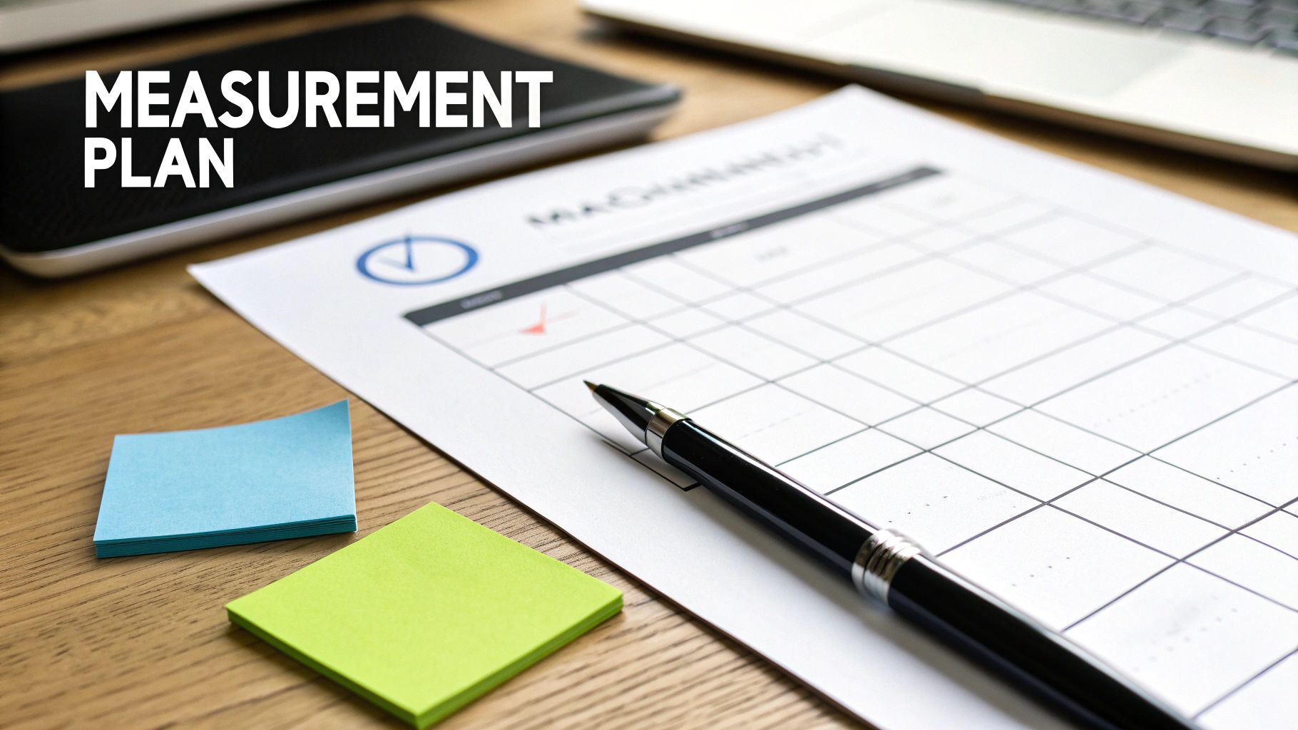A close-up of a 'MEASUREMENT PLAN' document with a pen, sticky notes, and a laptop on a wooden desk.