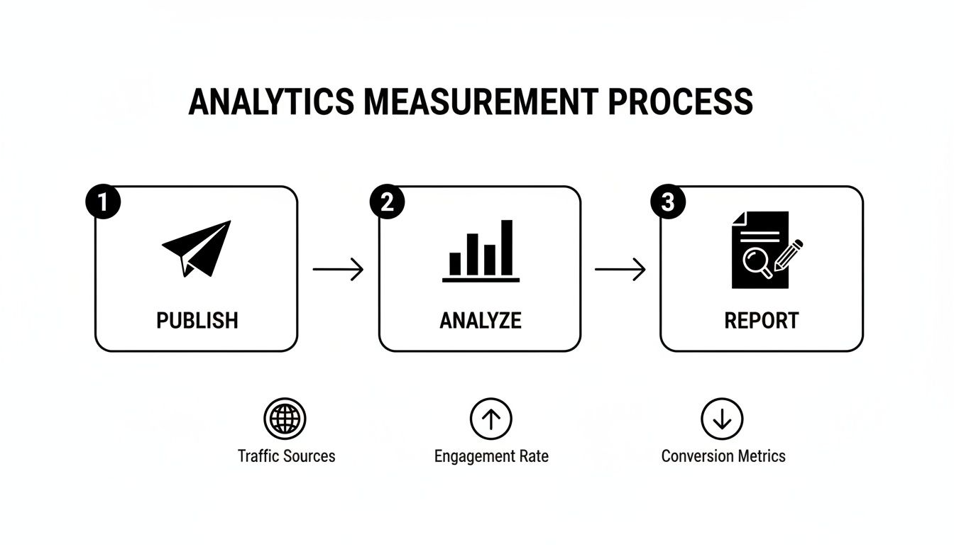 Analytics measurement process flowchart detailing steps: publish, analyze, and report, with key metrics.