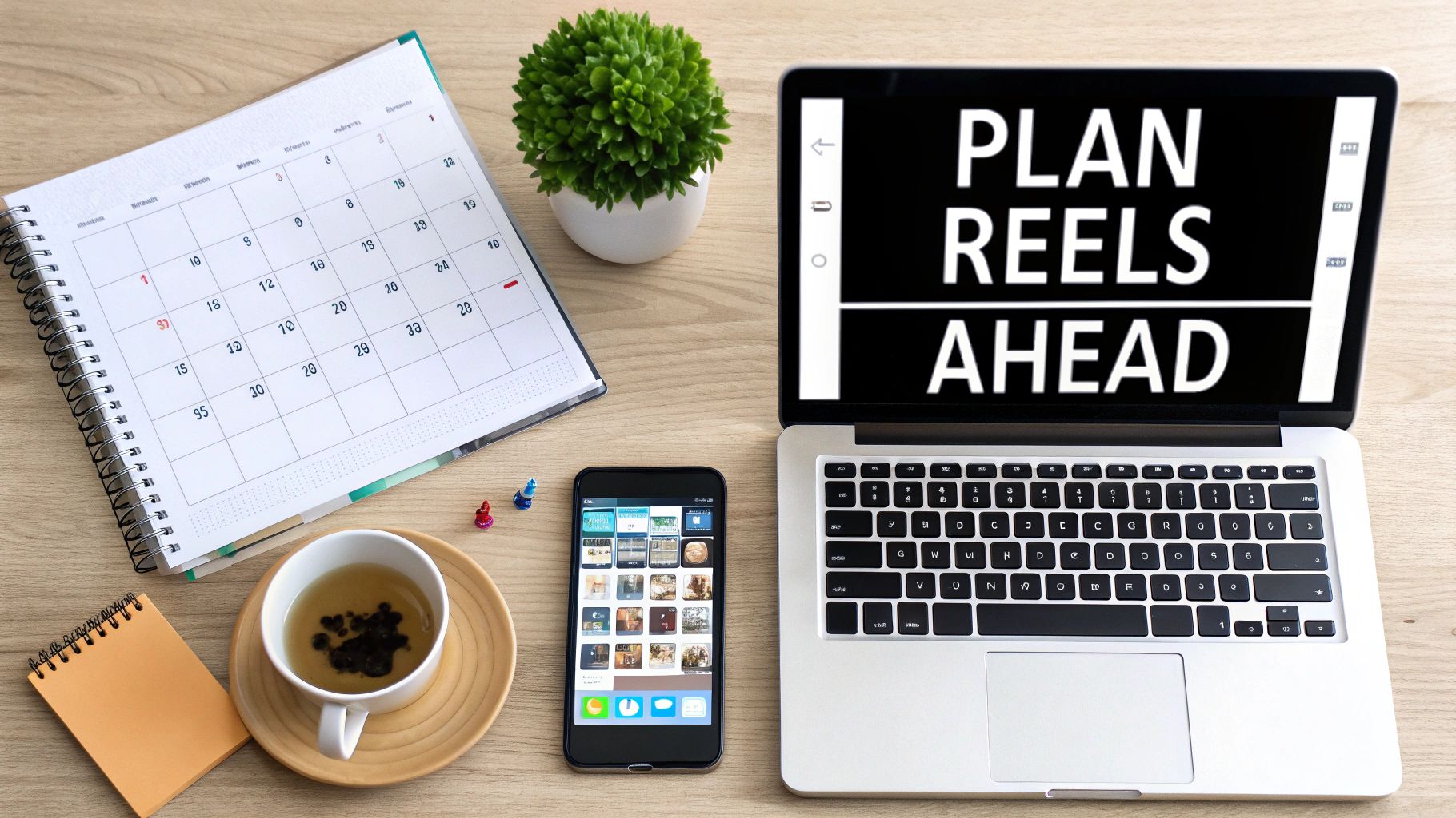 A flat lay of a desk with a laptop displaying 'PLAN REELS AHEAD', a calendar, smartphone, and a cup of tea.