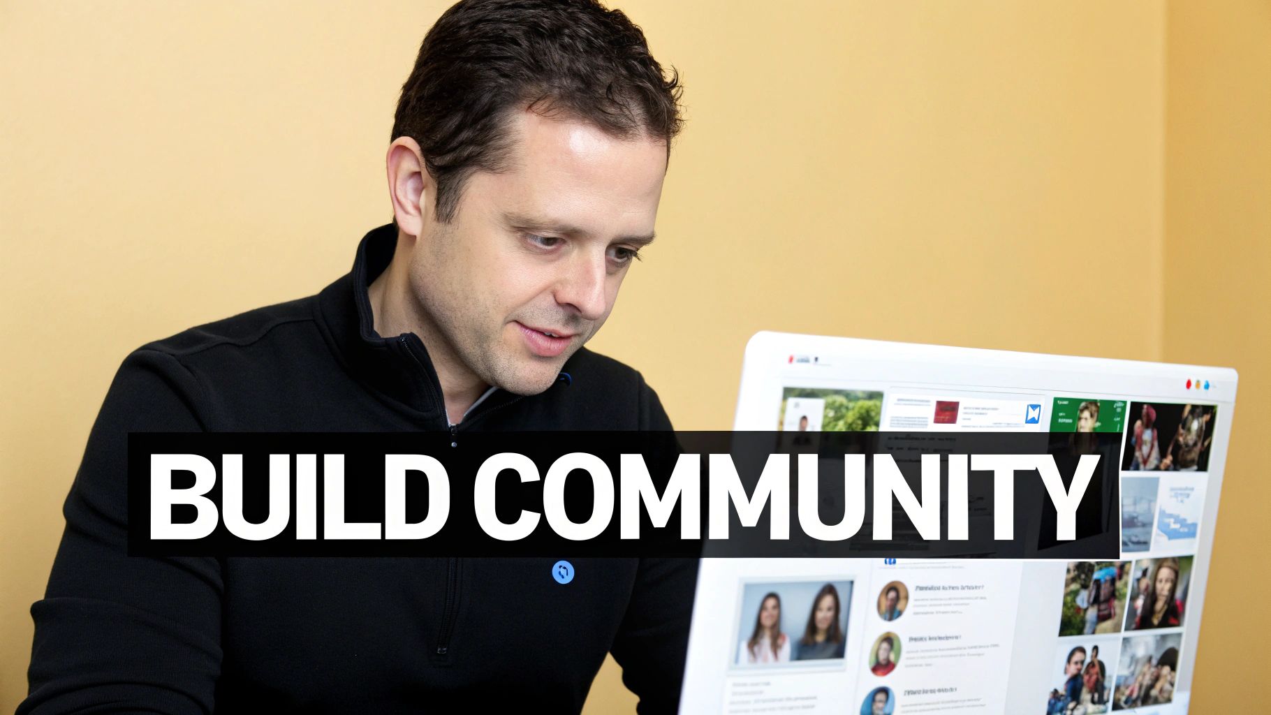 A man in a black shirt looks intently at a laptop screen with "BUILD COMMUNITY" text overlay.