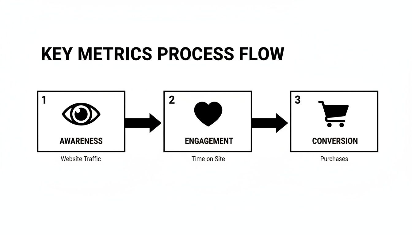 Process flow showing key metrics: Awareness (website traffic), Engagement (time on site), and Conversion (purchases).