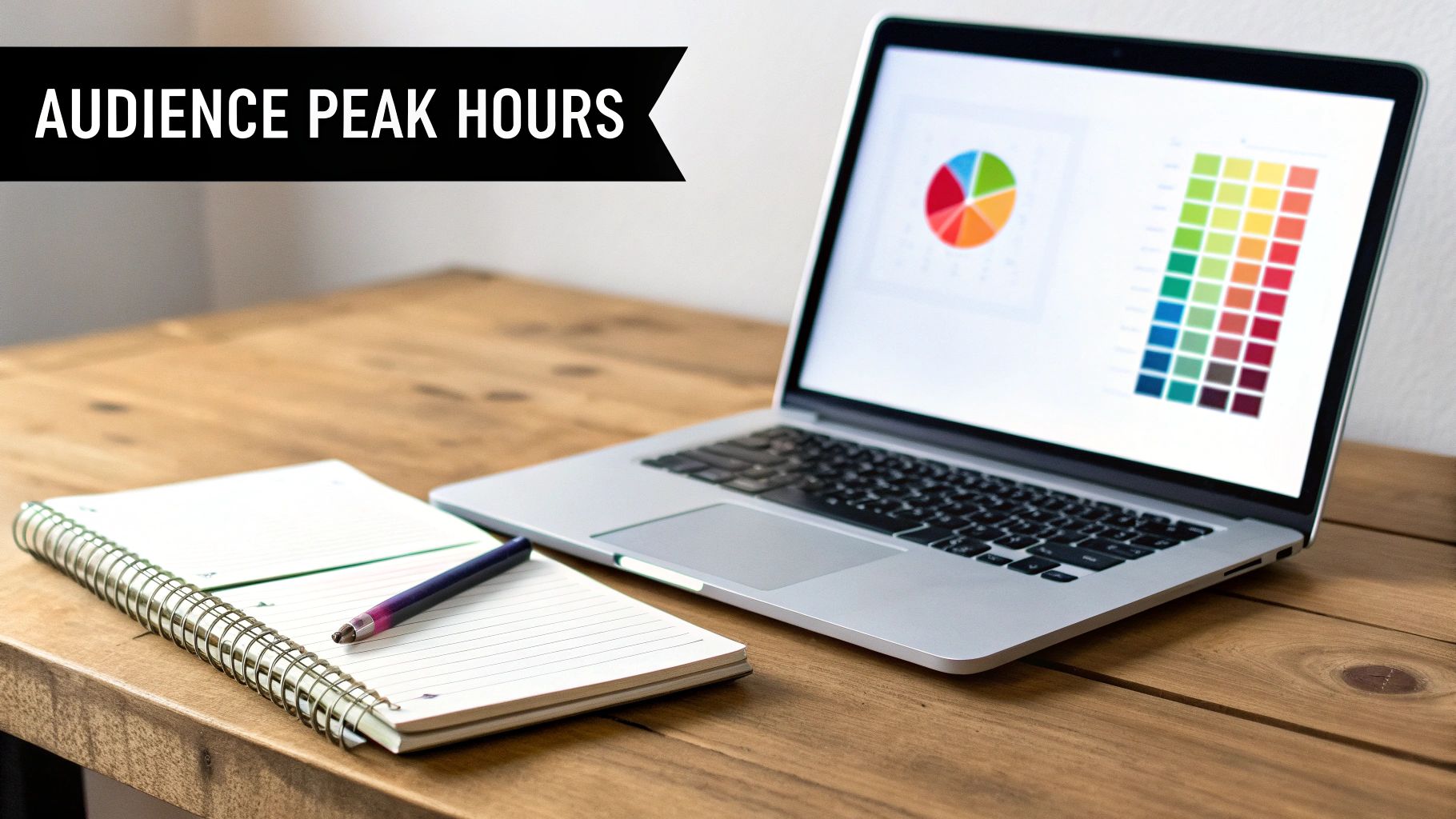 Laptop displaying data charts, a notebook, and pen on a wooden desk with an 'AUDIENCE PEAK HOURS' banner.