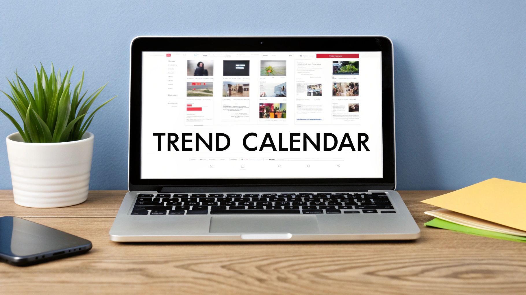 A laptop displaying a 'TREND CALENDAR' on its screen, placed on a wooden desk with a plant and smartphone.