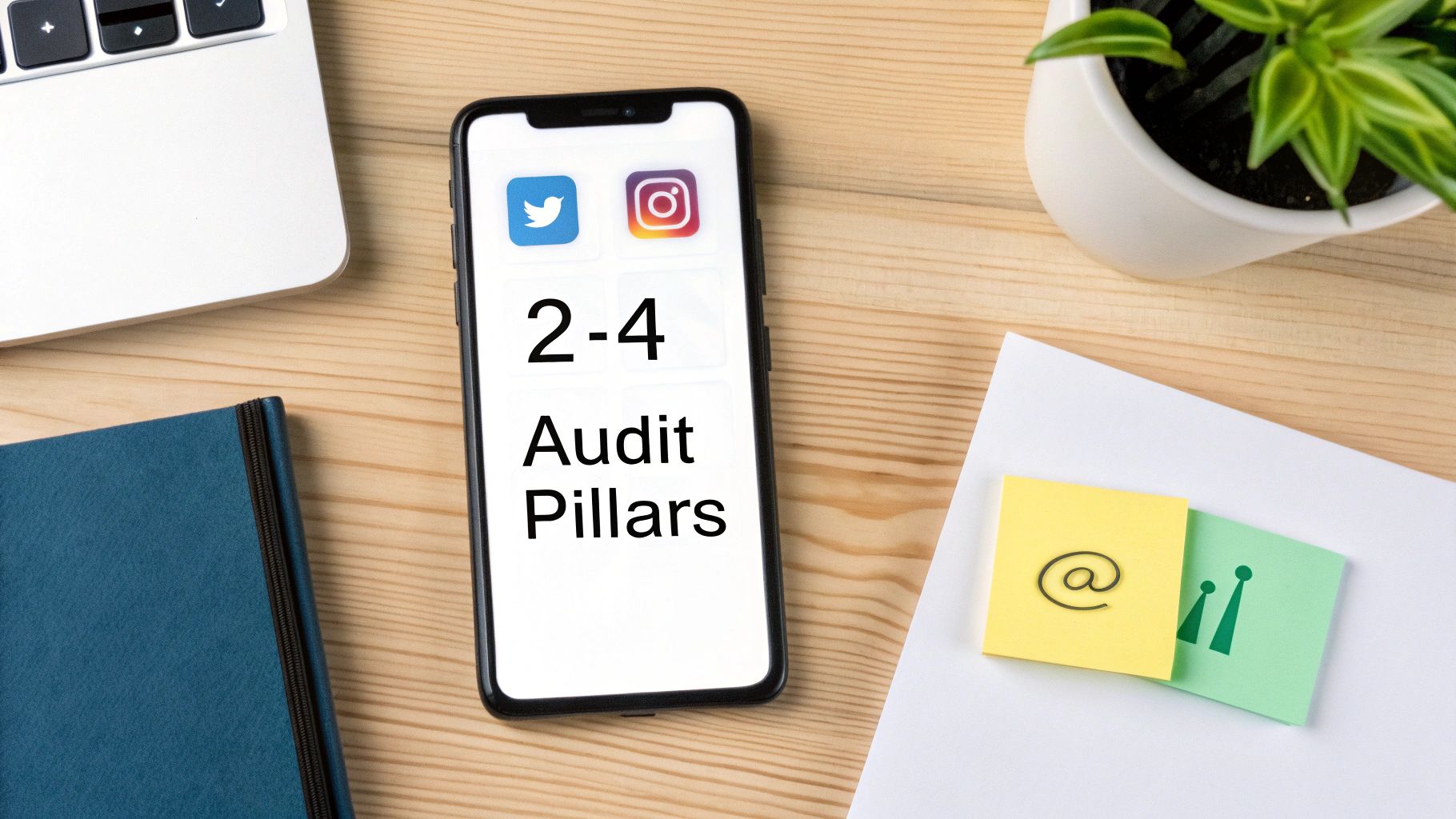 Flat lay of a workspace with a smartphone displaying "2-4 Audit Pillars" and social media icons.
