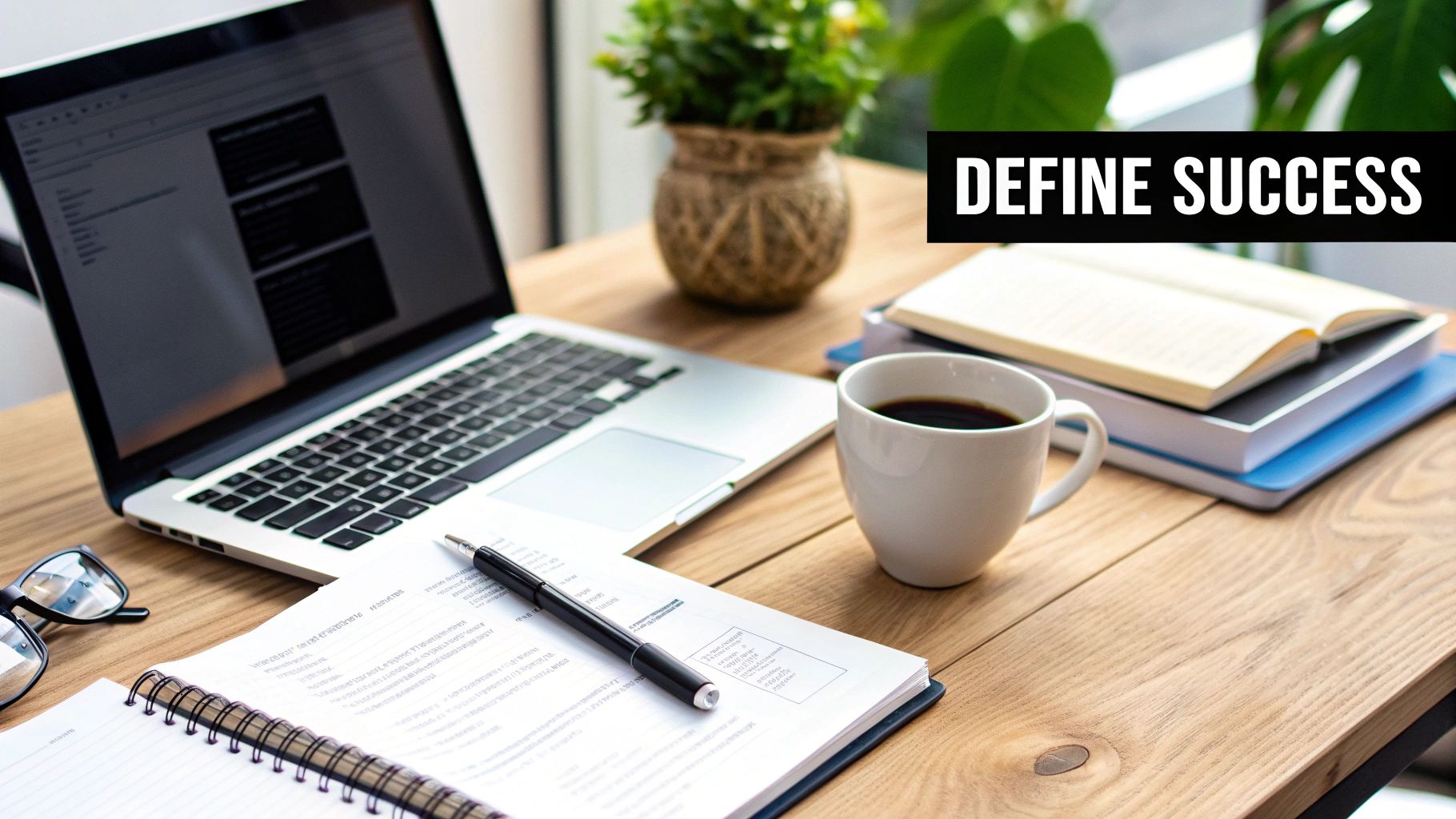 A modern workspace with a laptop, coffee, books, and a notebook. Text overlay reads 'DEFINE SUCCESS'.