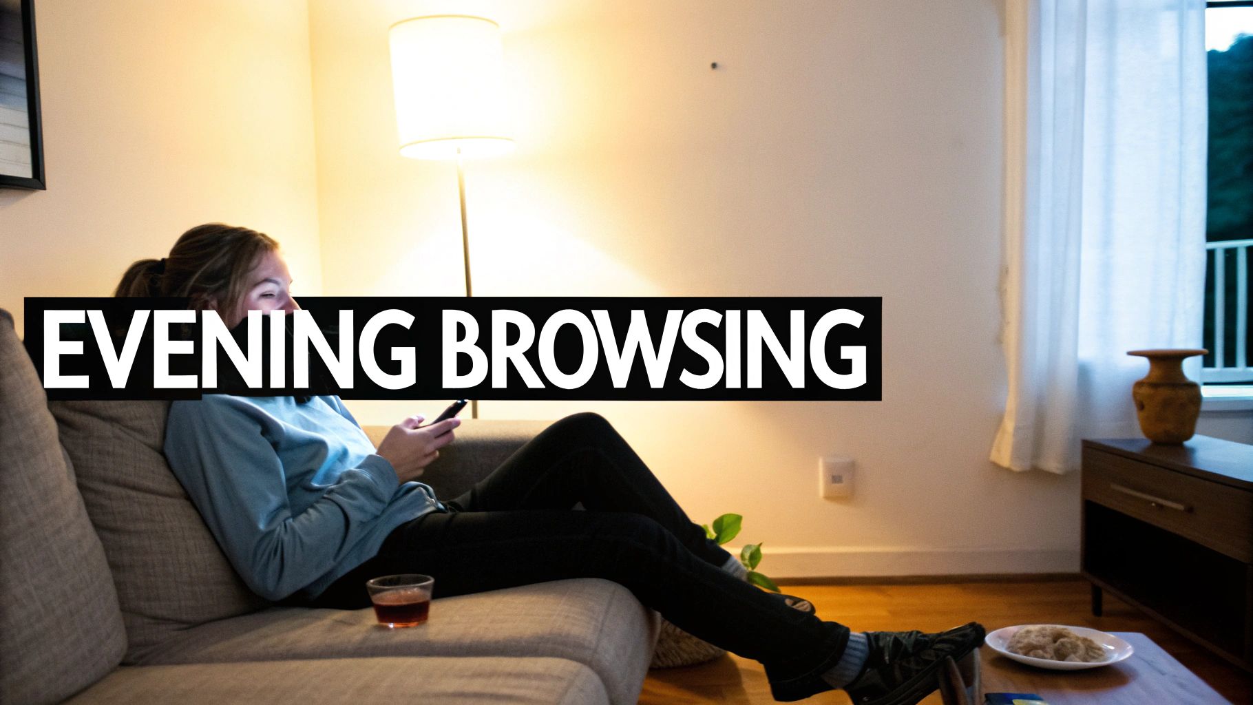 A young woman relaxes on a couch, browsing her phone in a dimly lit living room.