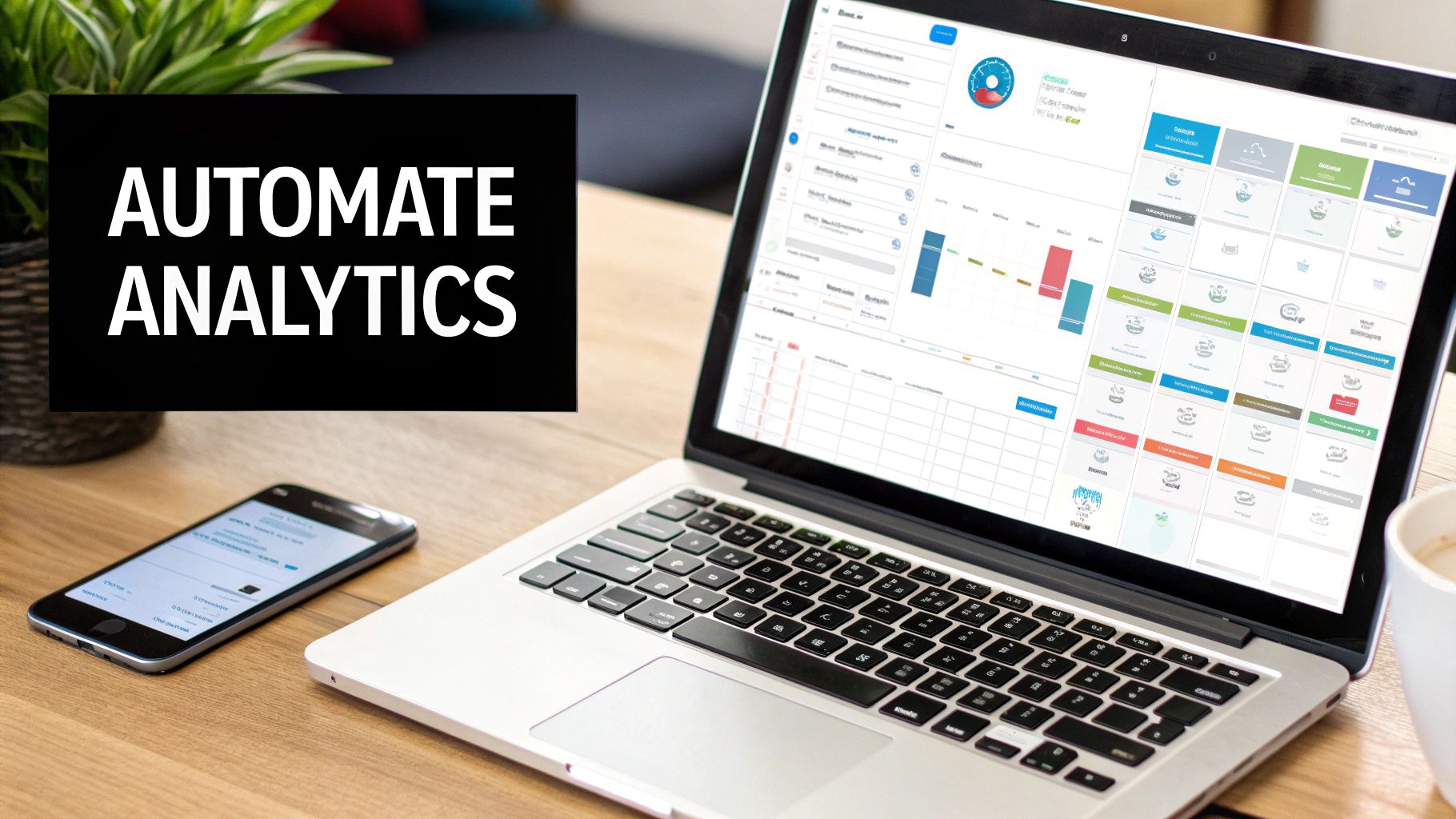 A laptop displaying automated analytics dashboards next to a smartphone and a plant, with text 'AUTOMATE ANALYTICS'.