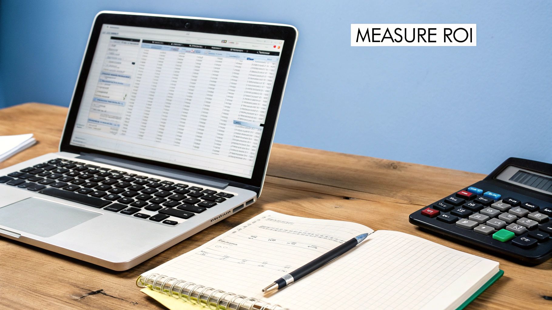 A laptop, notebook, pen, and calculator on a wooden desk, with text 'MEASURE ROI'.