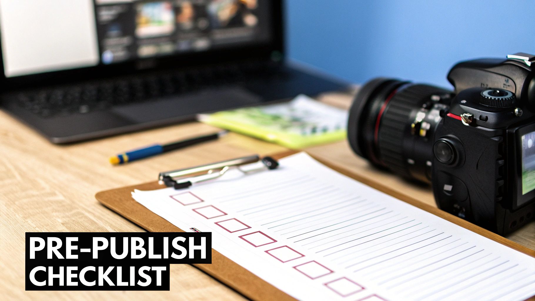 A desk setup with a 'Pre-Publish Checklist' on a clipboard, a camera, and a laptop, emphasizing content preparation.