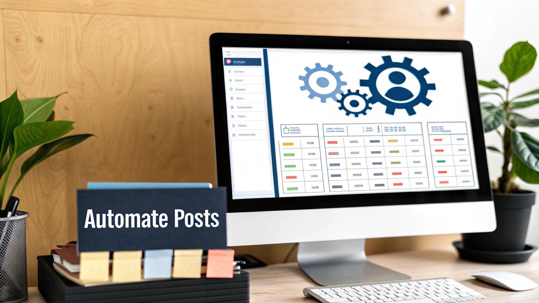 A desk setup with a computer displaying an automation dashboard and a card stating 'Automate Posts'.