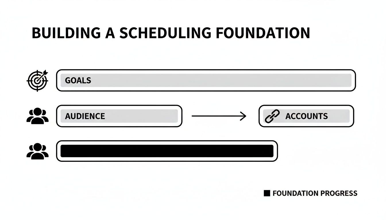 A black and white diagram outlines the process of building a scheduling foundation with goals, audience, and accounts.