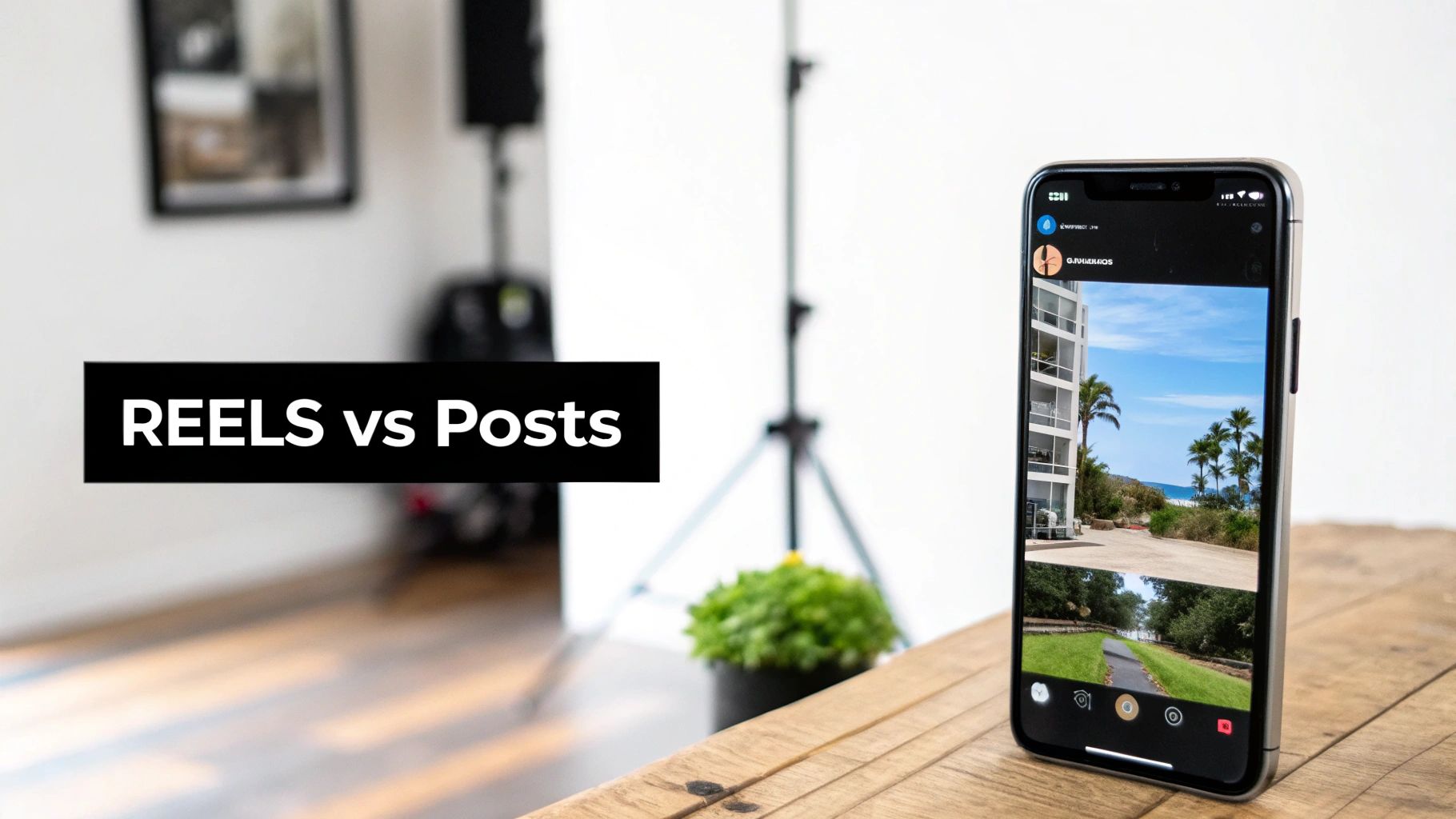 Smartphone displaying Instagram Reels interface on wooden desk with text overlay comparing Reels versus Posts