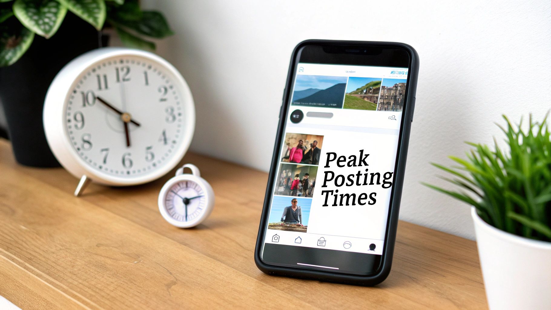 A smartphone showing 'Peak Posting Times' surrounded by clocks and plants on a wooden table.