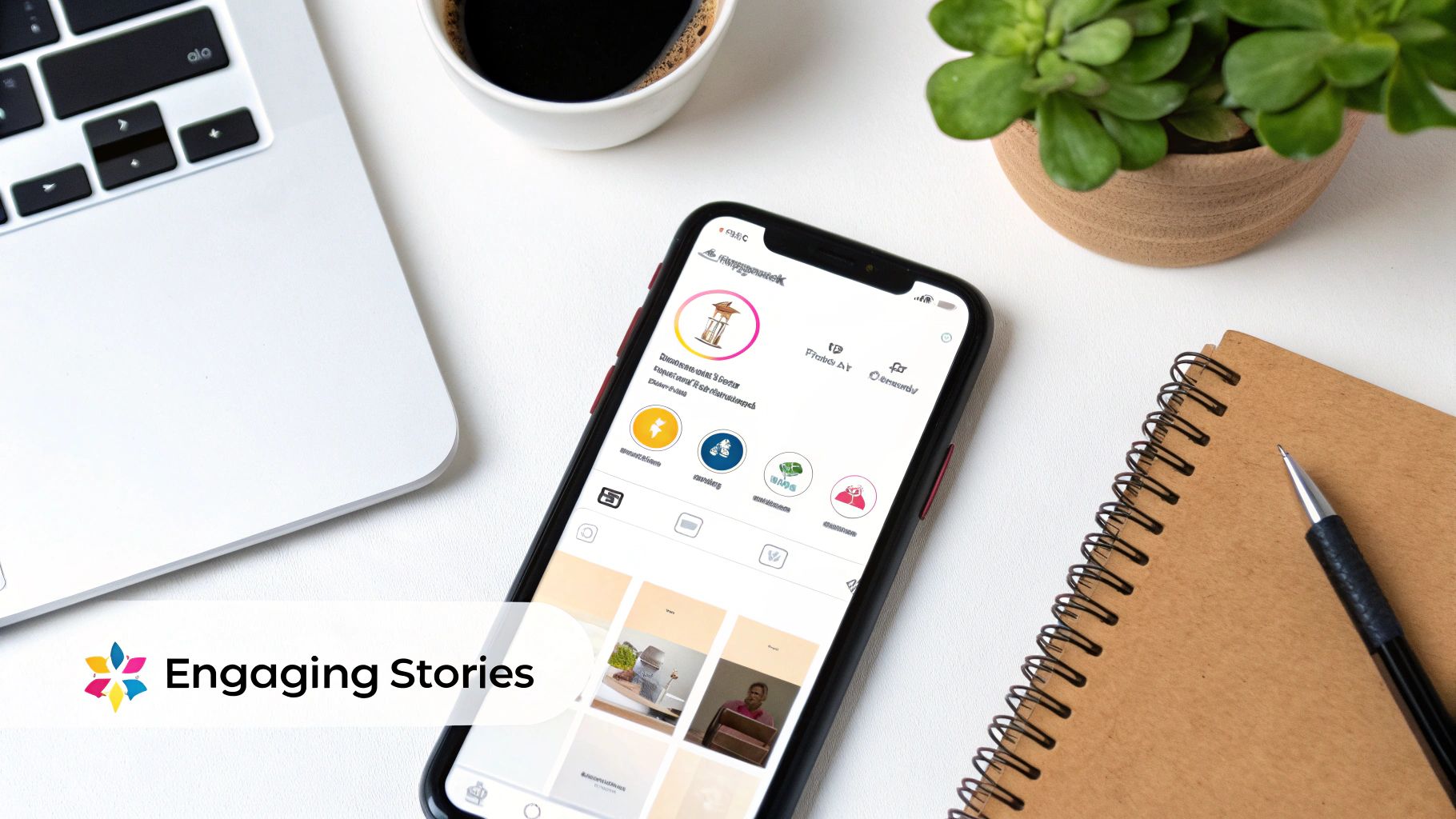 Flat lay of a modern workspace with a laptop, smartphone displaying social media, coffee, plant, and notebook.