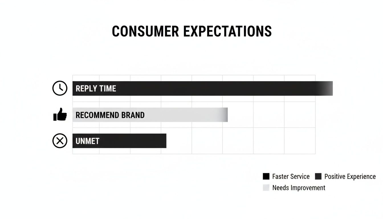 Bar chart illustrating consumer expectations for reply time, brand recommendation, and unmet needs.