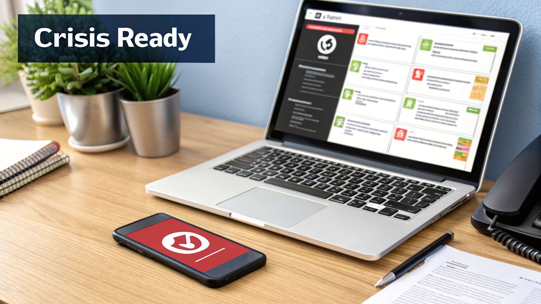 Crisis management dashboard displayed on laptop and mobile phone showing alert notifications and monitoring system