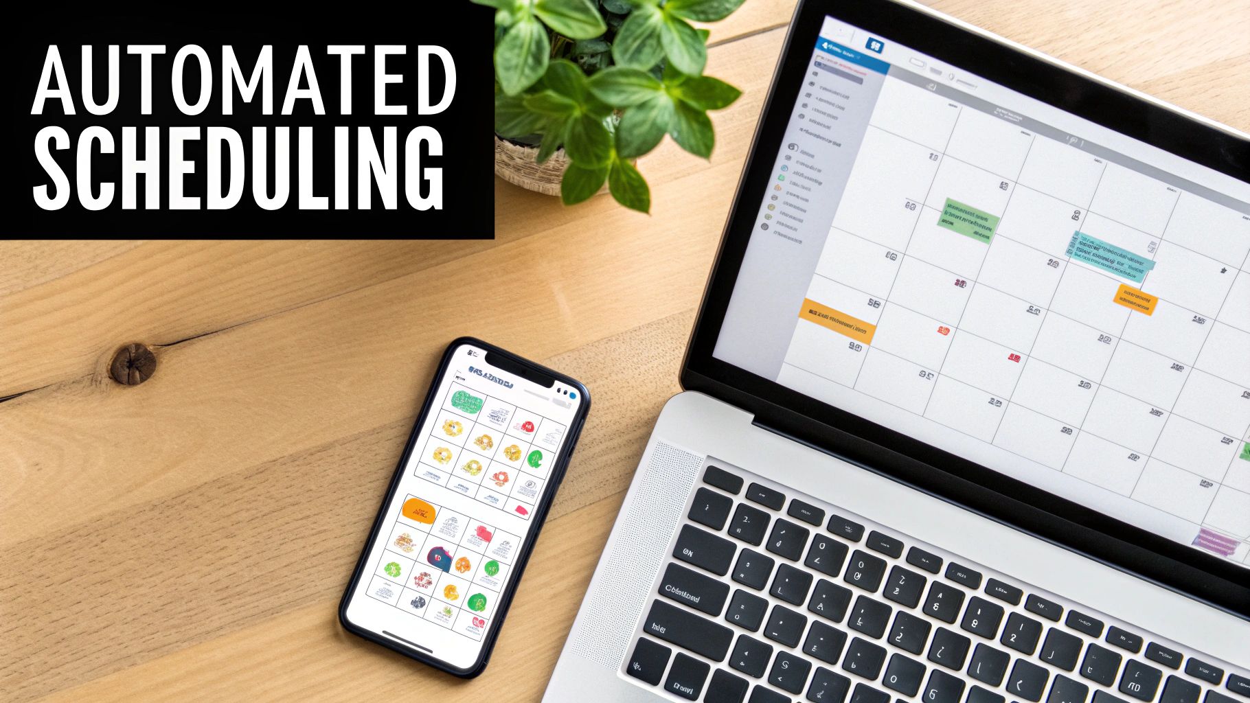 A person working on a laptop with social media icons floating around, symbolizing content scheduling.