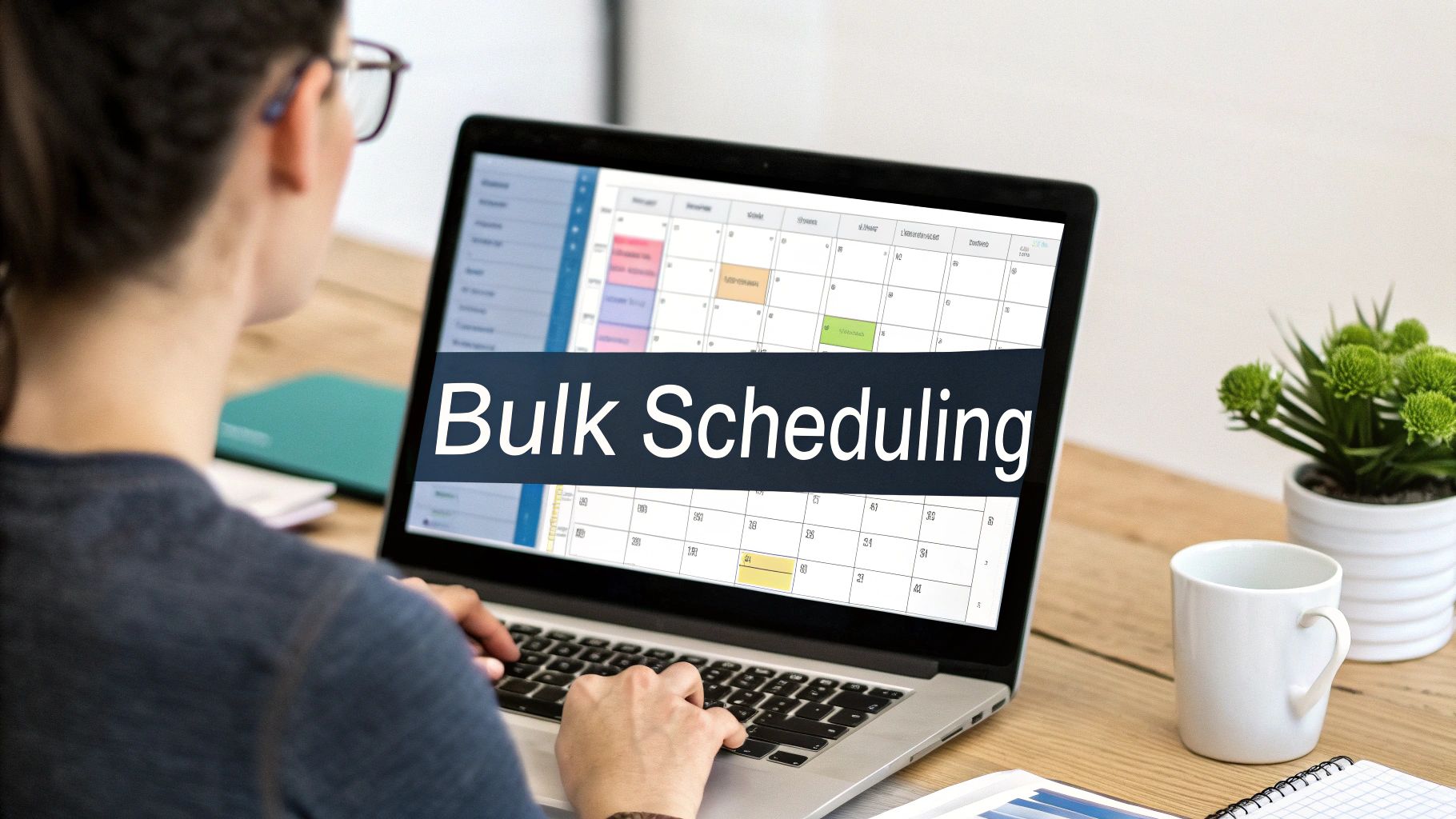 A person uses a laptop displaying 'Bulk Scheduling' over a calendar interface, with a plant and mug nearby.