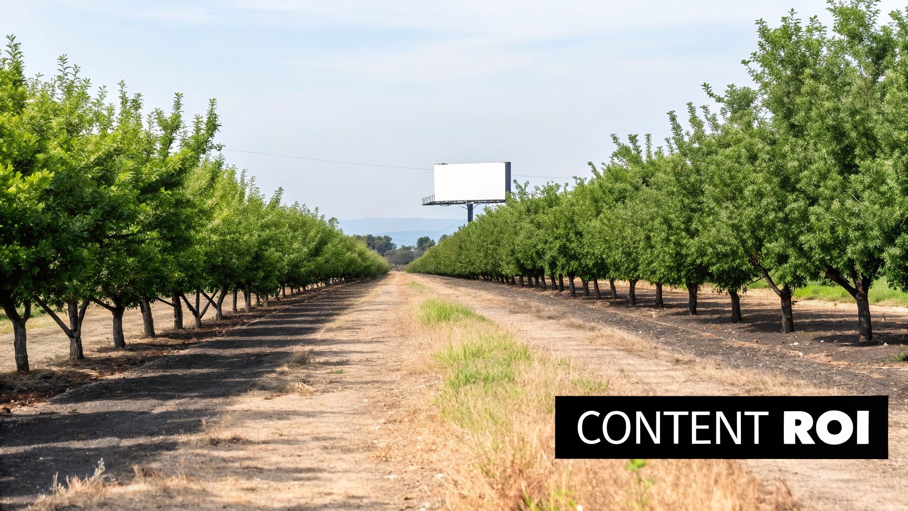 A scenic orchard with a long dirt path, green trees, a distant billboard, and 'CONTENT ROI' text.