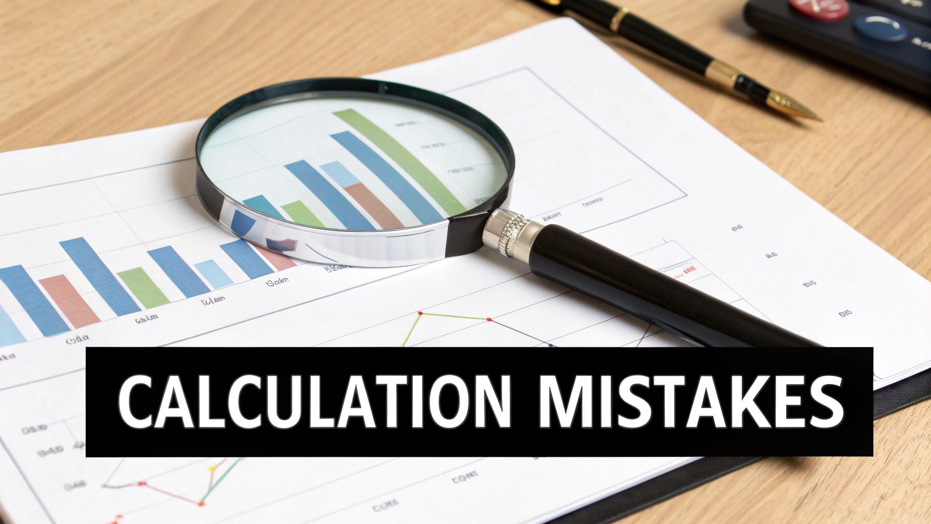A magnifying glass over bar graphs and charts on a document with a pen and calculator. Text: Calculation Mistakes.
