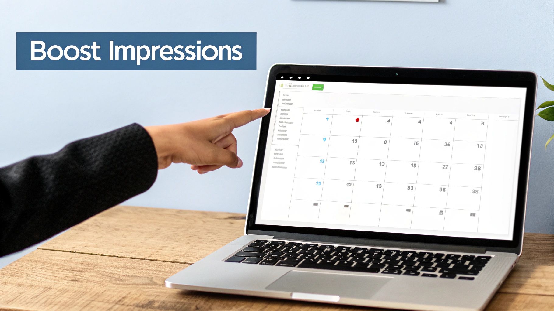 A person pointing at a screen showing charts and graphs related to social media analytics.