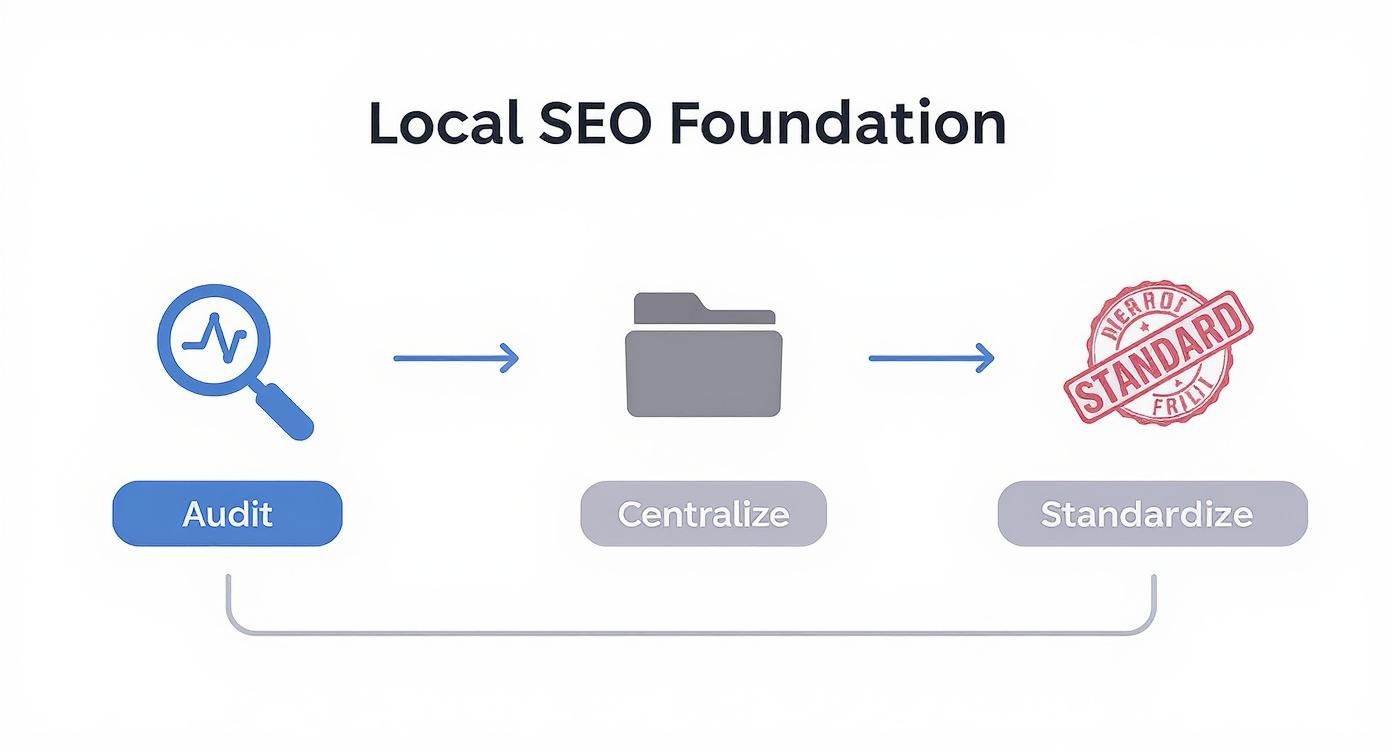 Flowchart illustrating the Local SEO Foundation steps: Audit, Centralize, and Standardize processes.