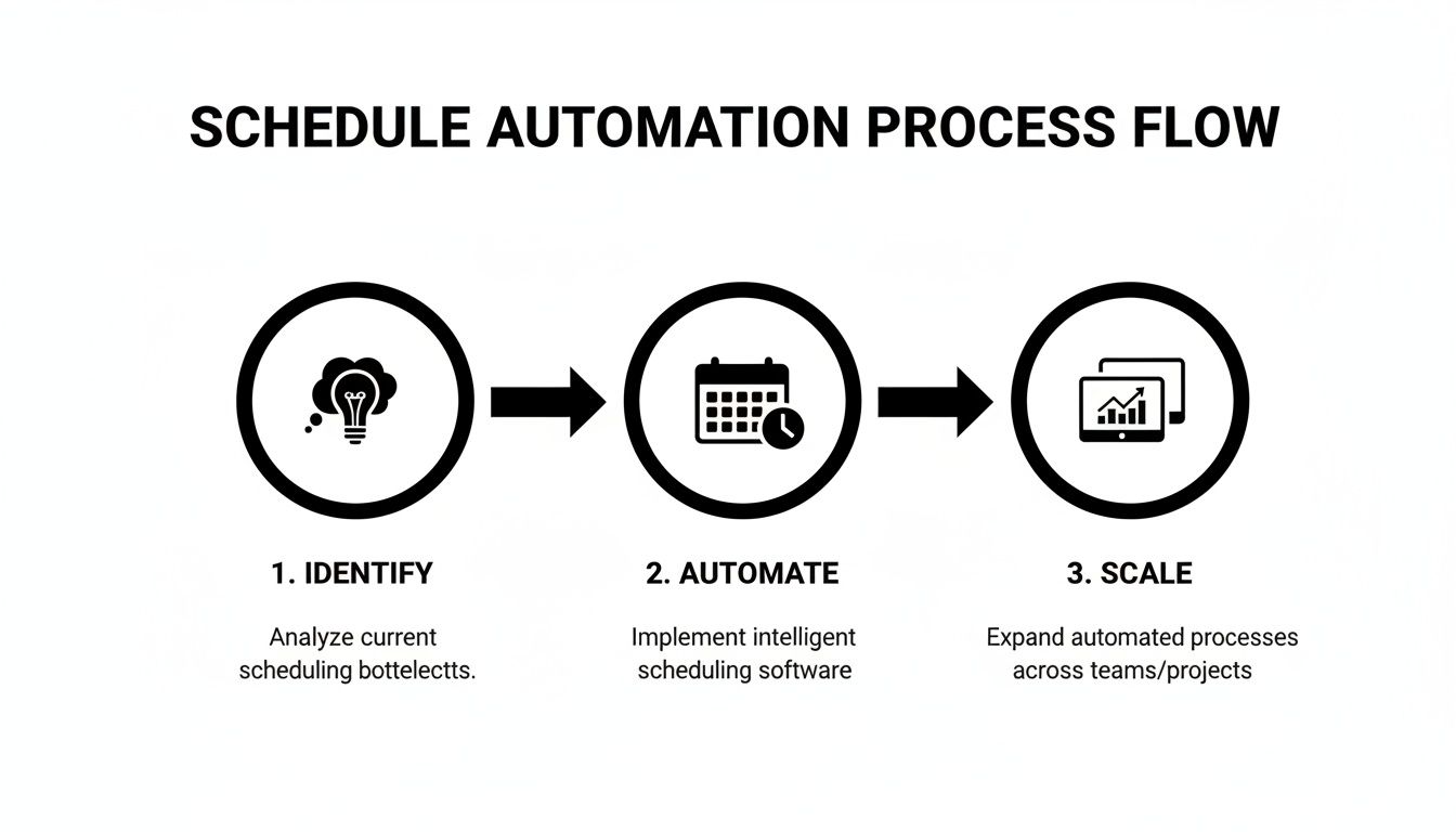 Flow chart showing a schedule automation process with steps: Identify, Automate, Scale.