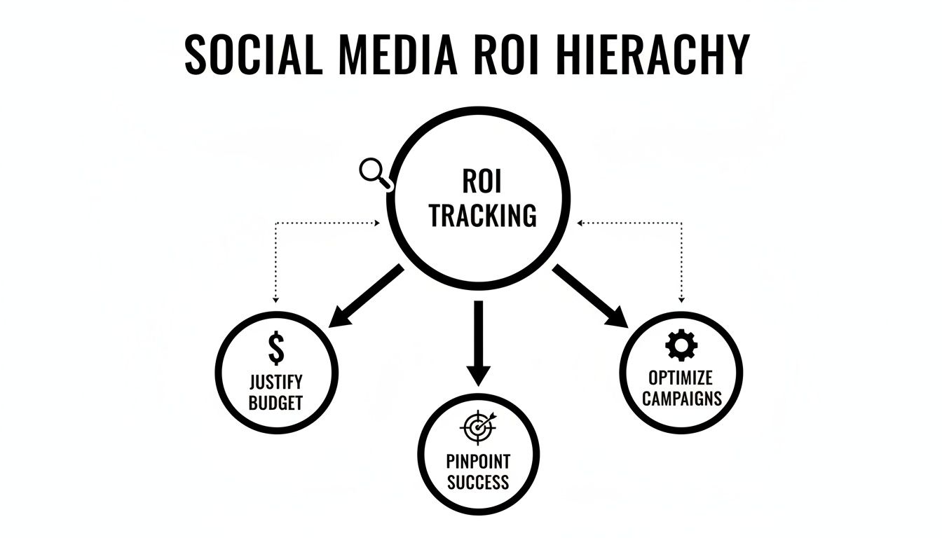 A black and white hierarchy diagram showing social media ROI tracking leading to budget justification, pinpointing success, and campaign optimization.