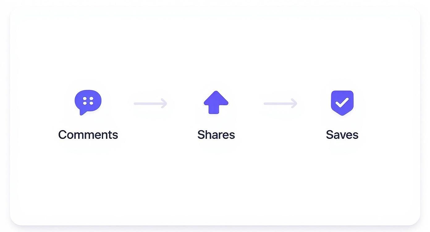 A visual representation of social media engagement metrics: Comments, Shares, and Saves, connected by arrows.