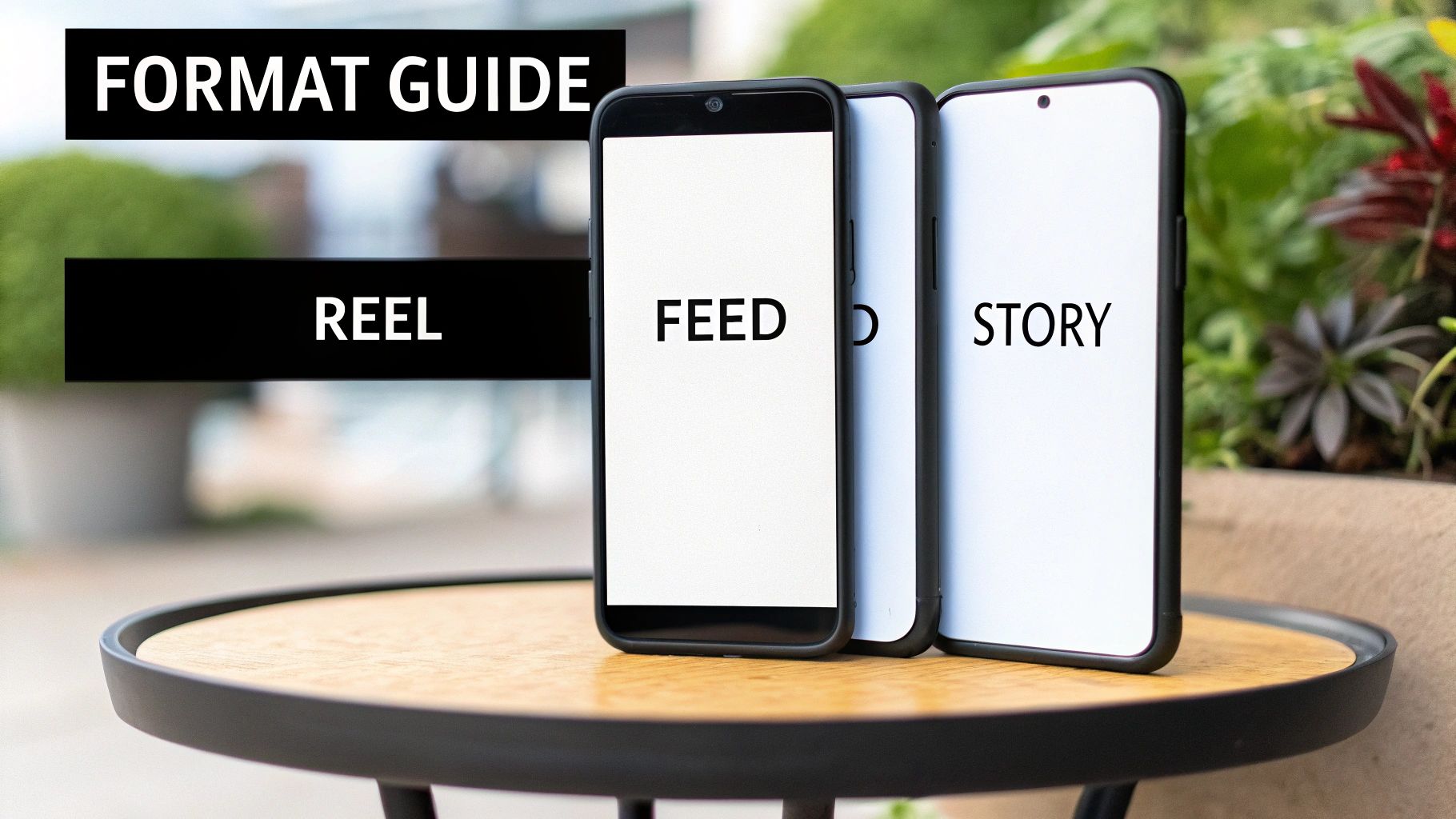 Three smartphones on a table display 'FEED' and 'STORY', with 'FORMAT GUIDE' and 'REEL' overlaid, illustrating video formats.
