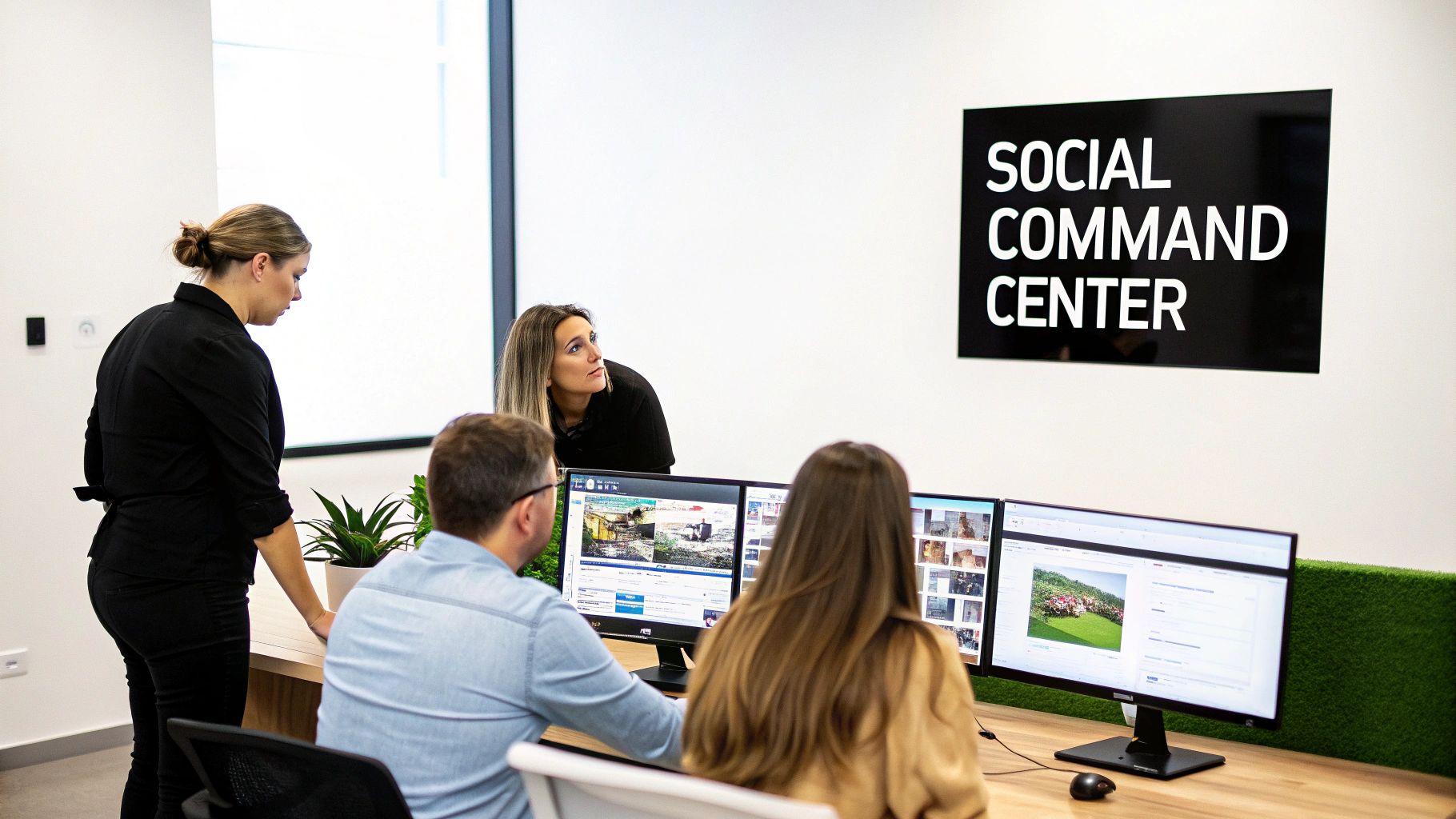Team members collaborating in a social command center office, analyzing digital content on multiple monitors.