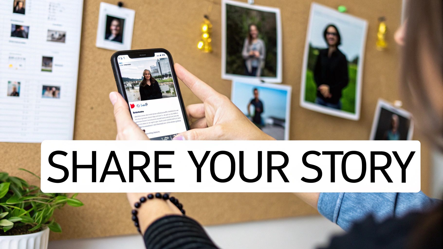 A person holds a smartphone showcasing a social media profile, with pinned photos on a cork board in the background.