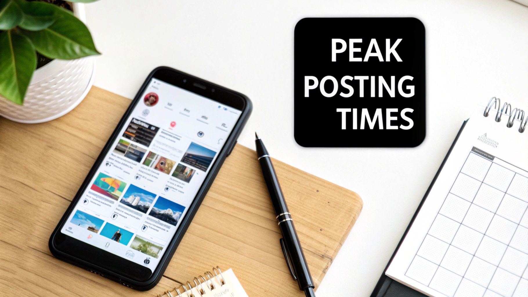 Desk flat lay with a smartphone showing social media, a pen, planner, and 'PEAK POSTING TIMES' text.