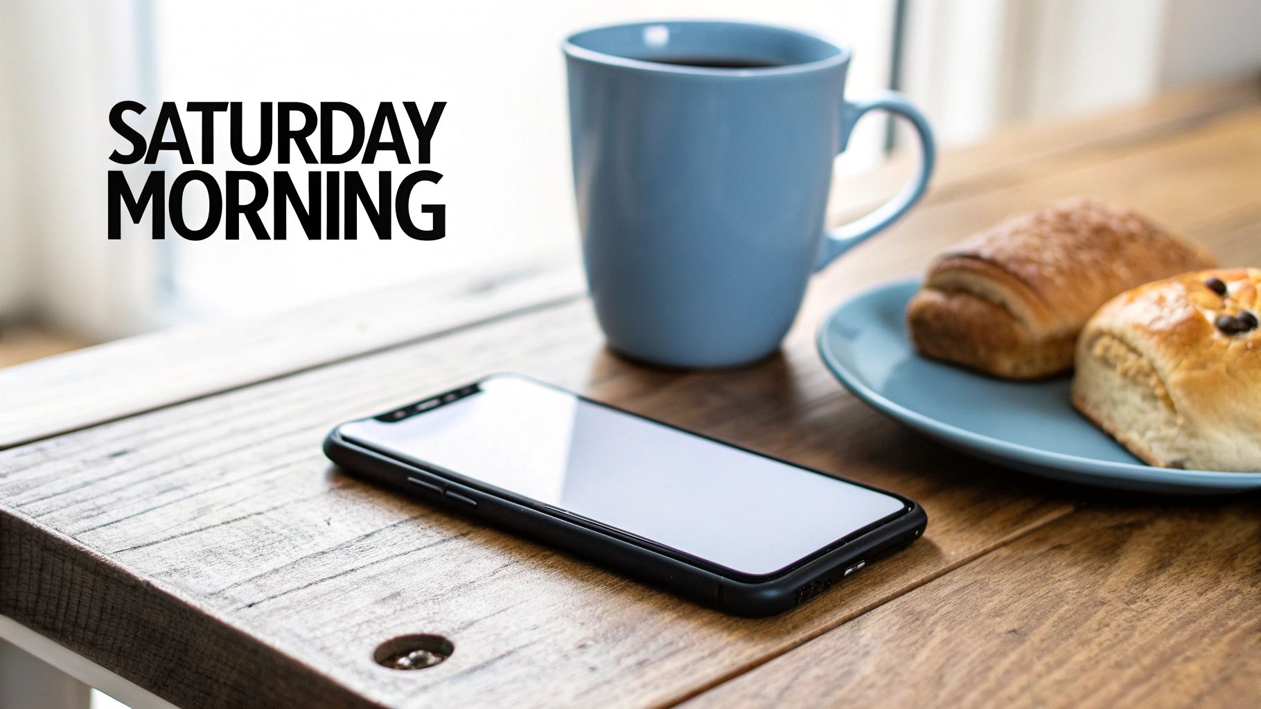 A cozy Saturday morning scene with coffee, pastries, and a smartphone on a wooden table.