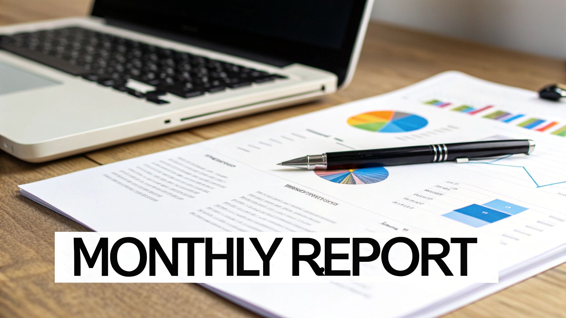 A monthly report document with various charts and graphs, a pen, and a laptop on a wooden desk.