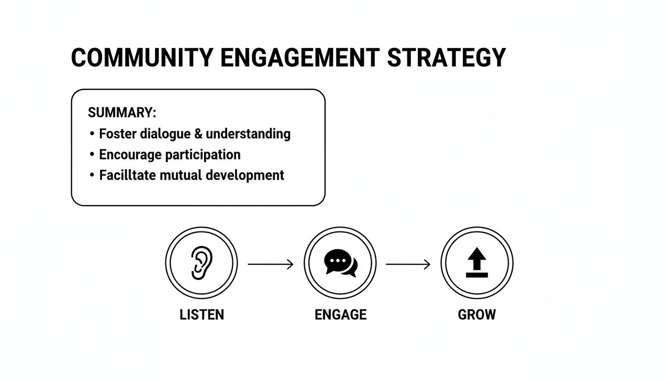 Community Engagement Strategy with a summary and a three-step process: Listen, Engage, Grow.
