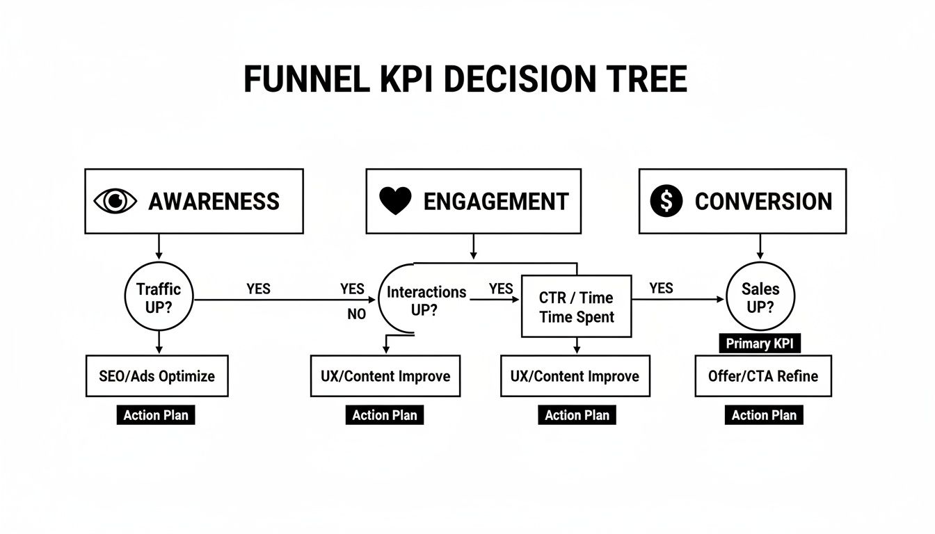 Flowchart showing a marketing funnel KPI decision tree with awareness, engagement, and conversion steps.