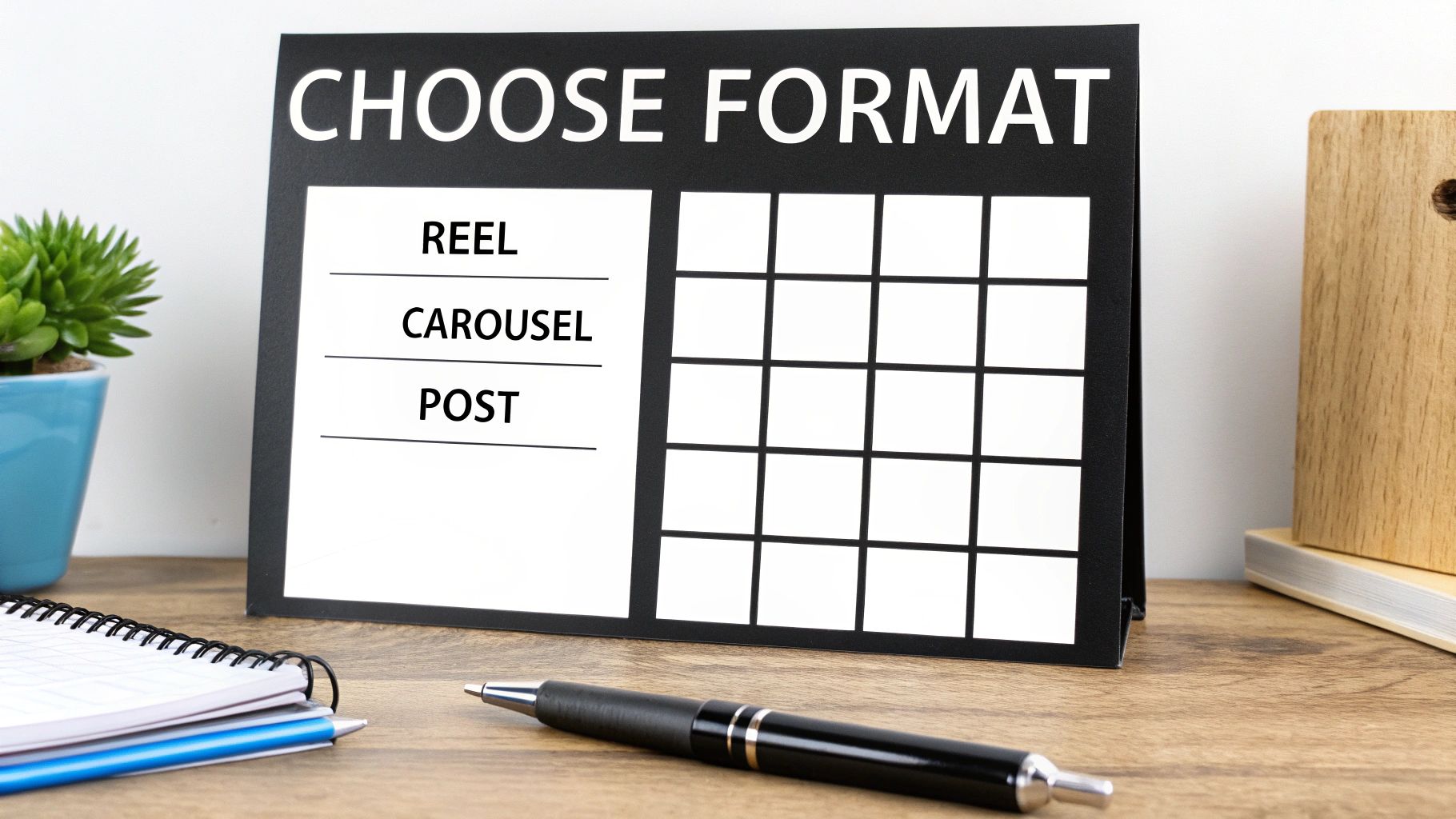 Black sign displaying social media format options with reel, carousel, post and grid layout on desk