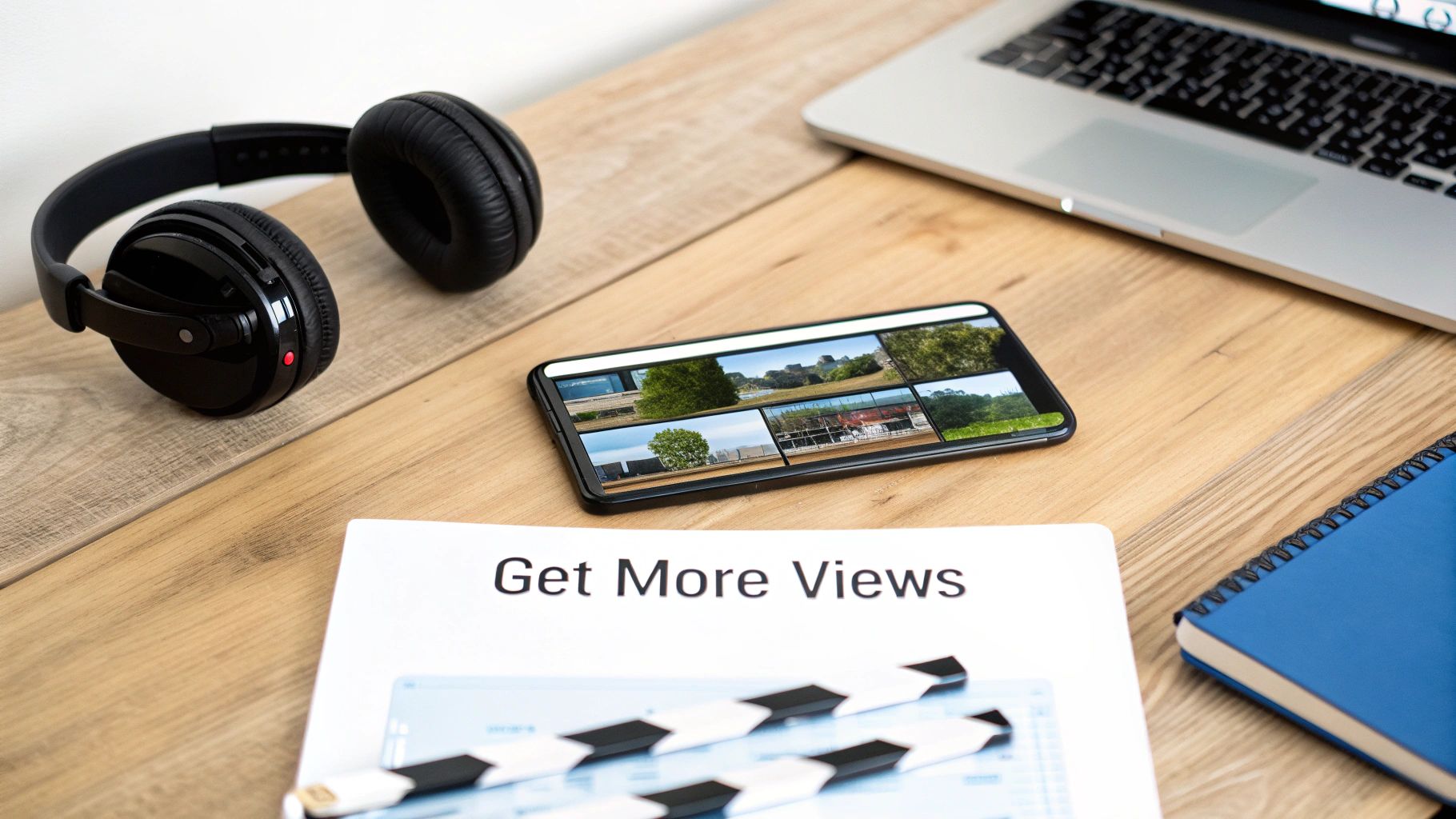 A wooden desk with headphones, a smartphone displaying video thumbnails, a laptop, and a document titled 'Get More Views' with a clapperboard.