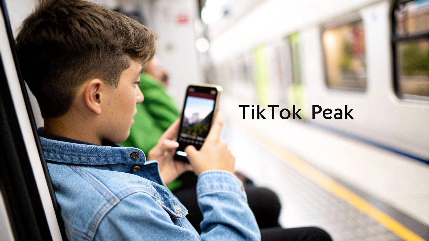Young boy on a train intensely watching his smartphone with "TikTok Peak" text overlay.
