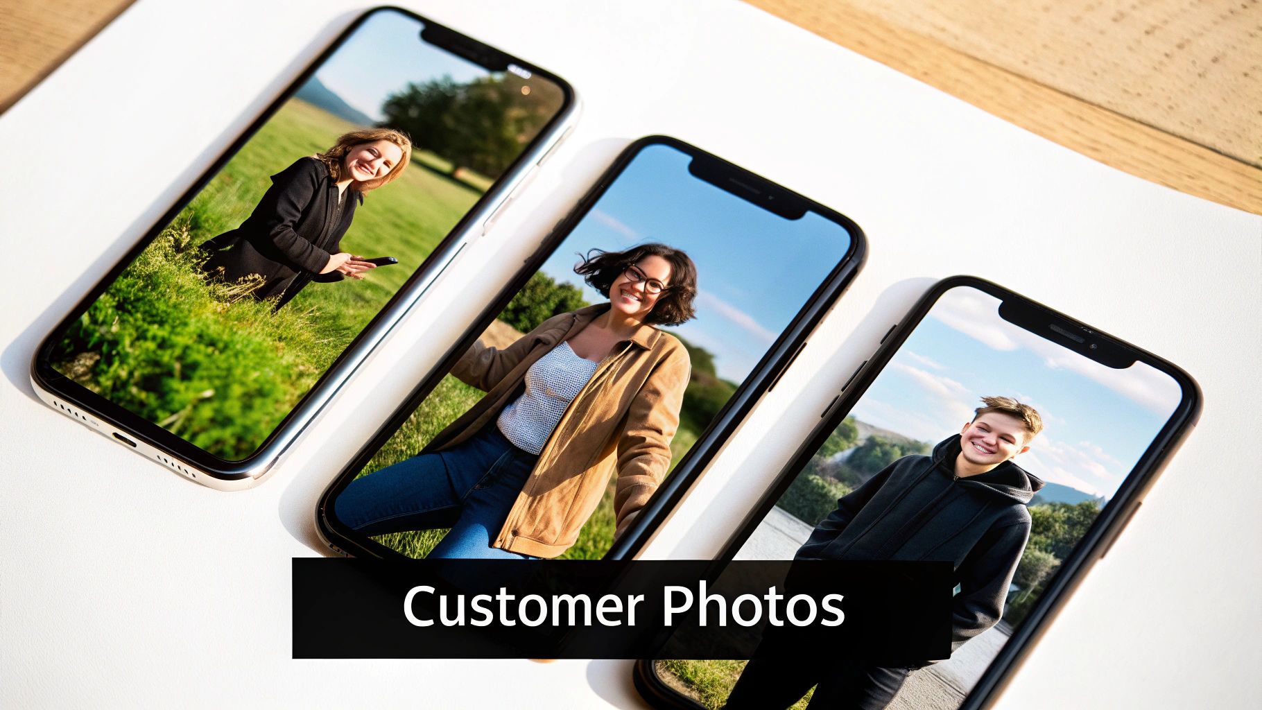Three smartphones display smiling customer photos, showcasing diverse individuals outdoors in natural settings.