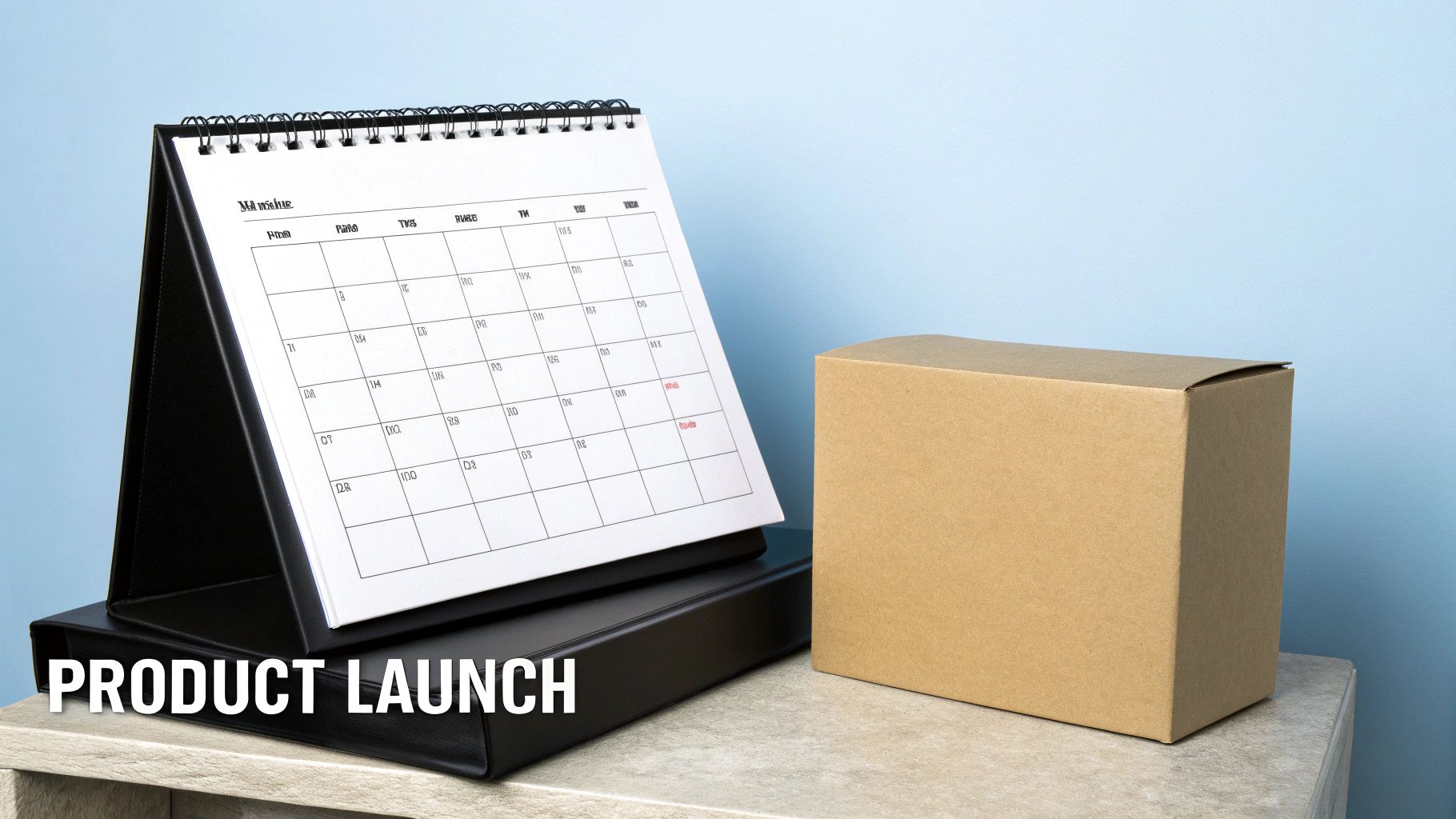 A desk calendar and a brown cardboard box, with 'PRODUCT LAUNCH' text for planning.