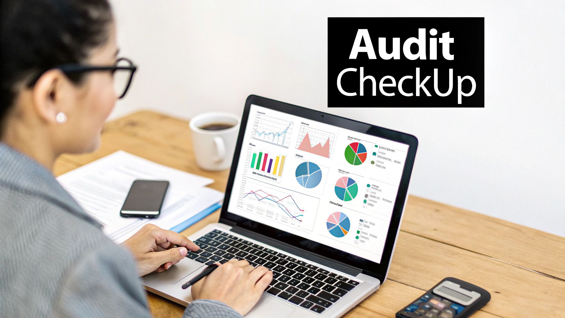 A person analyzes business data on a laptop displaying charts, graphs, and an 'Audit CheckUp' text.