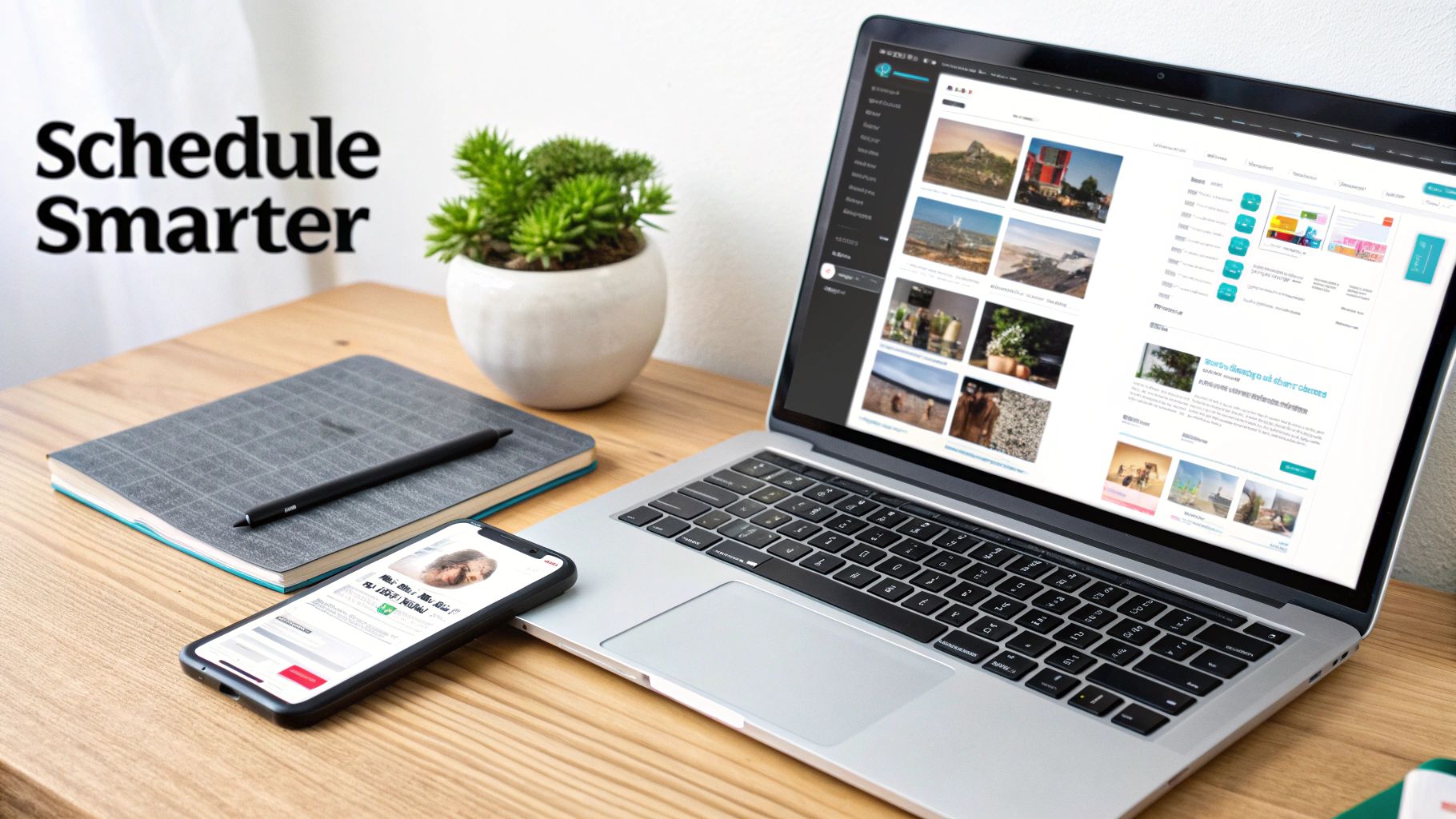 Laptop and smartphone displaying social media management dashboard on wooden desk workspace