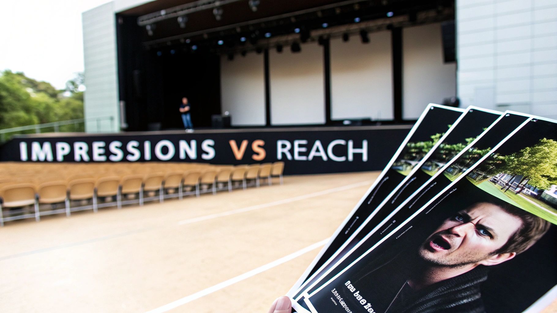 Hand holding brochures featuring a man, with a blurred outdoor stage and chairs in the background.