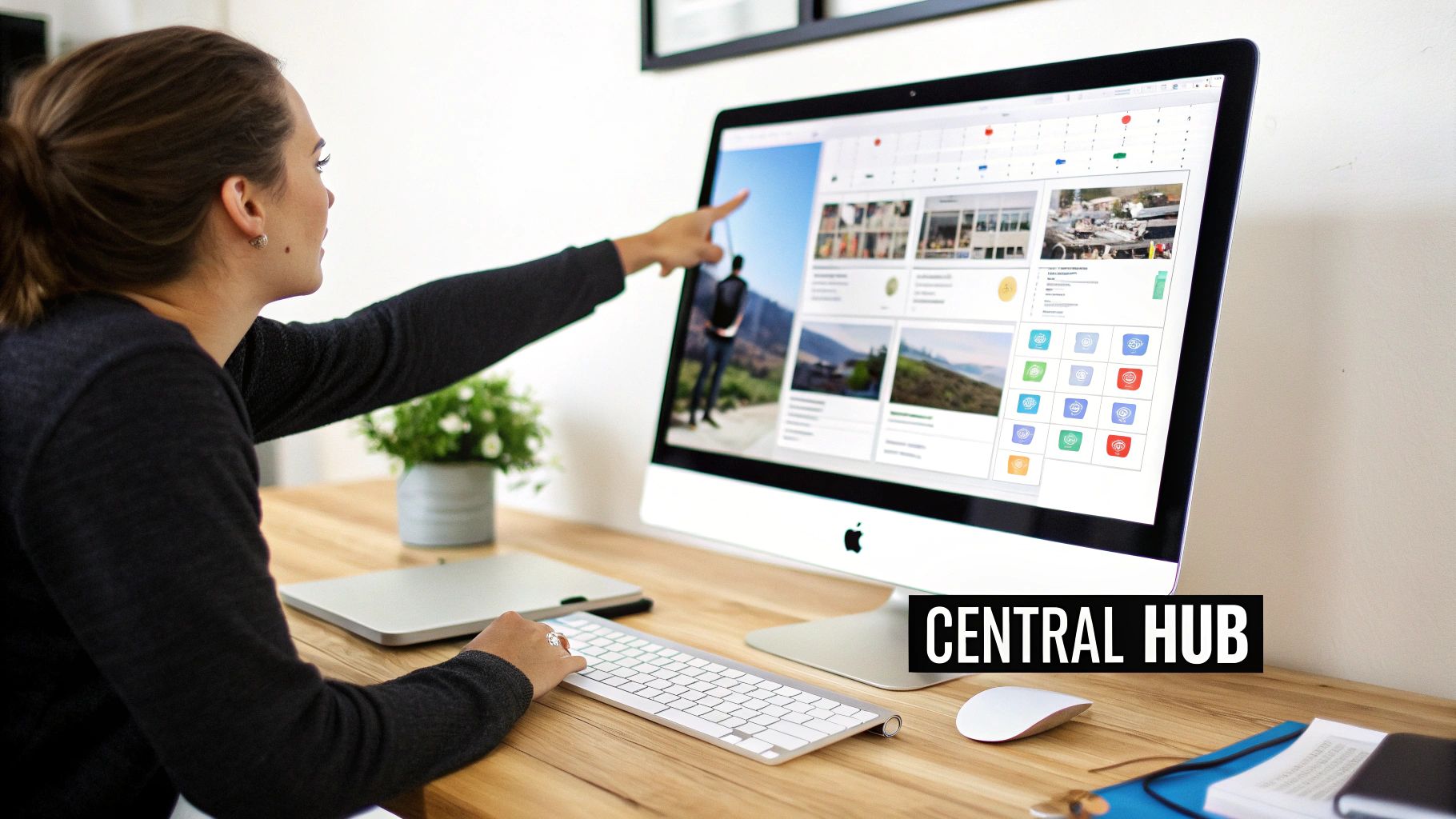 Professional woman pointing at computer screen displaying social media management dashboard with multiple content cards