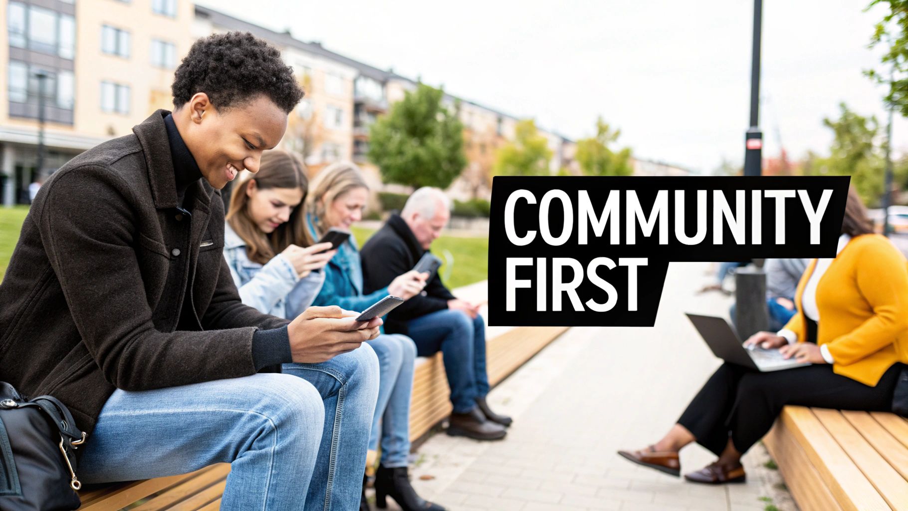 Diverse people of various ages sit on a bench, using phones and a laptop, with 'COMMUNITY FIRST' text.