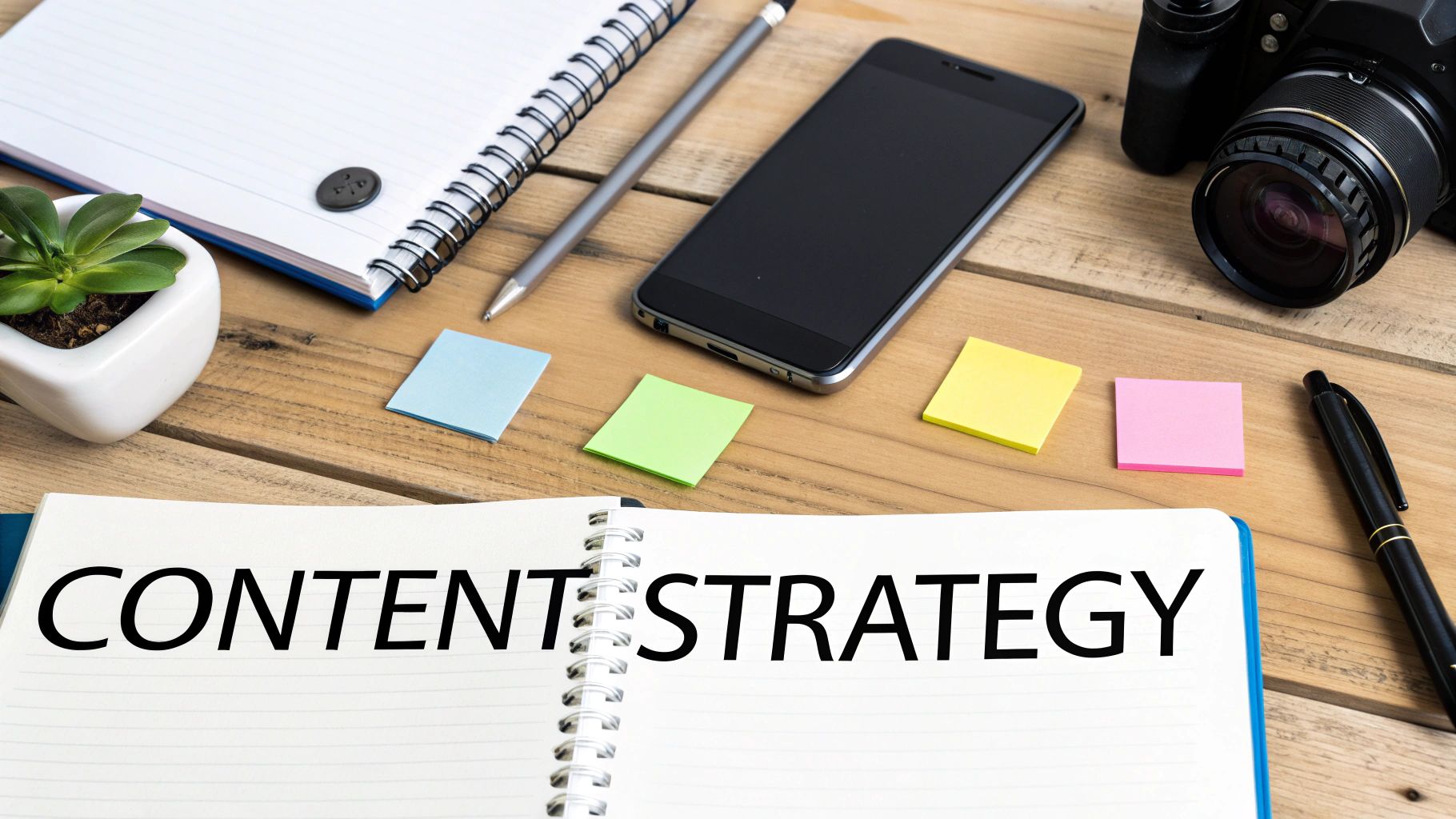 Workspace flat lay with 'CONTENT STRATEGY' notebook, smartphone, camera, and colorful sticky notes.